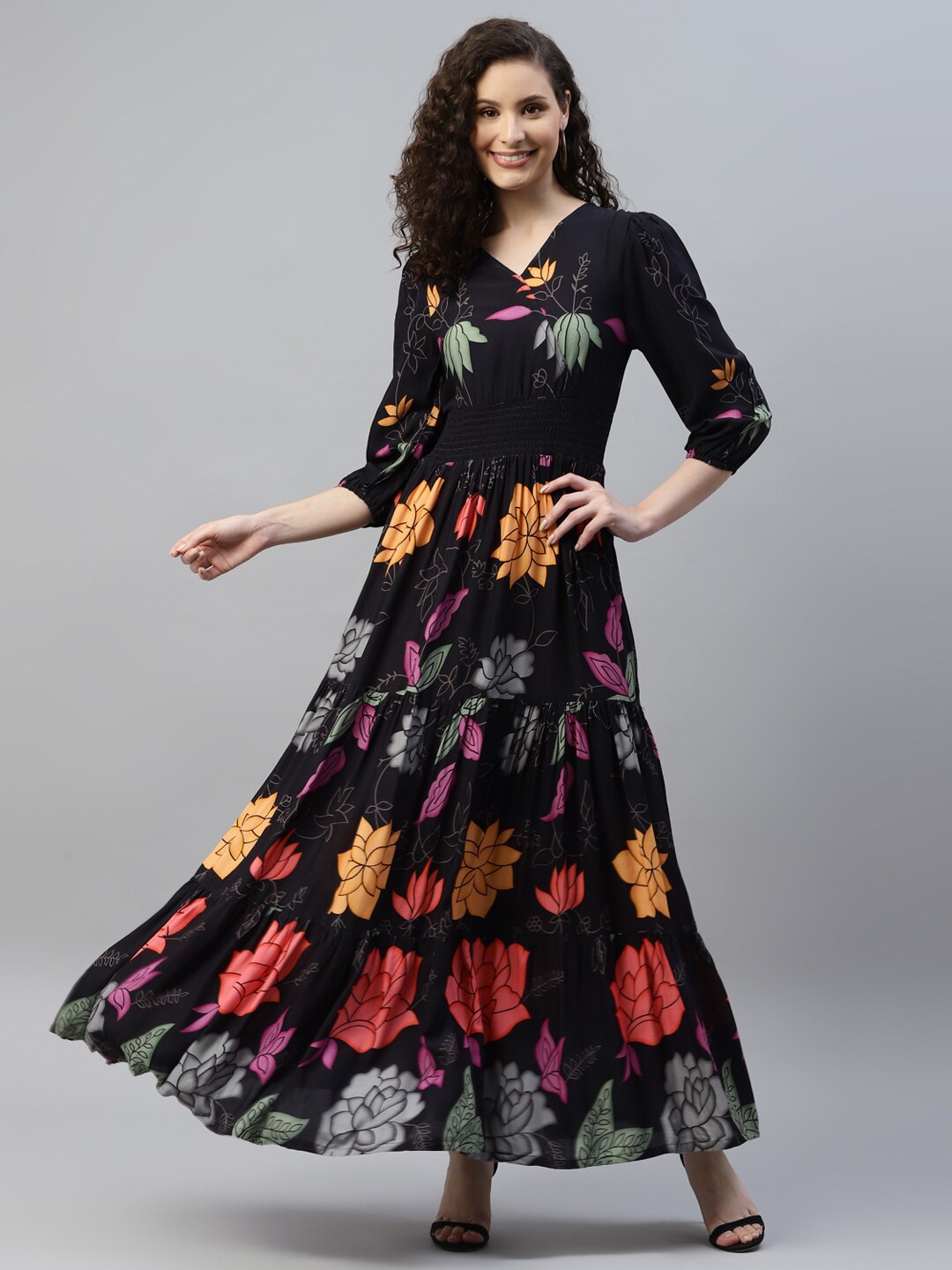 

DEEBACO Floral Printed Puffed Sleeves Smocked Maxi Tiered Dress, Black