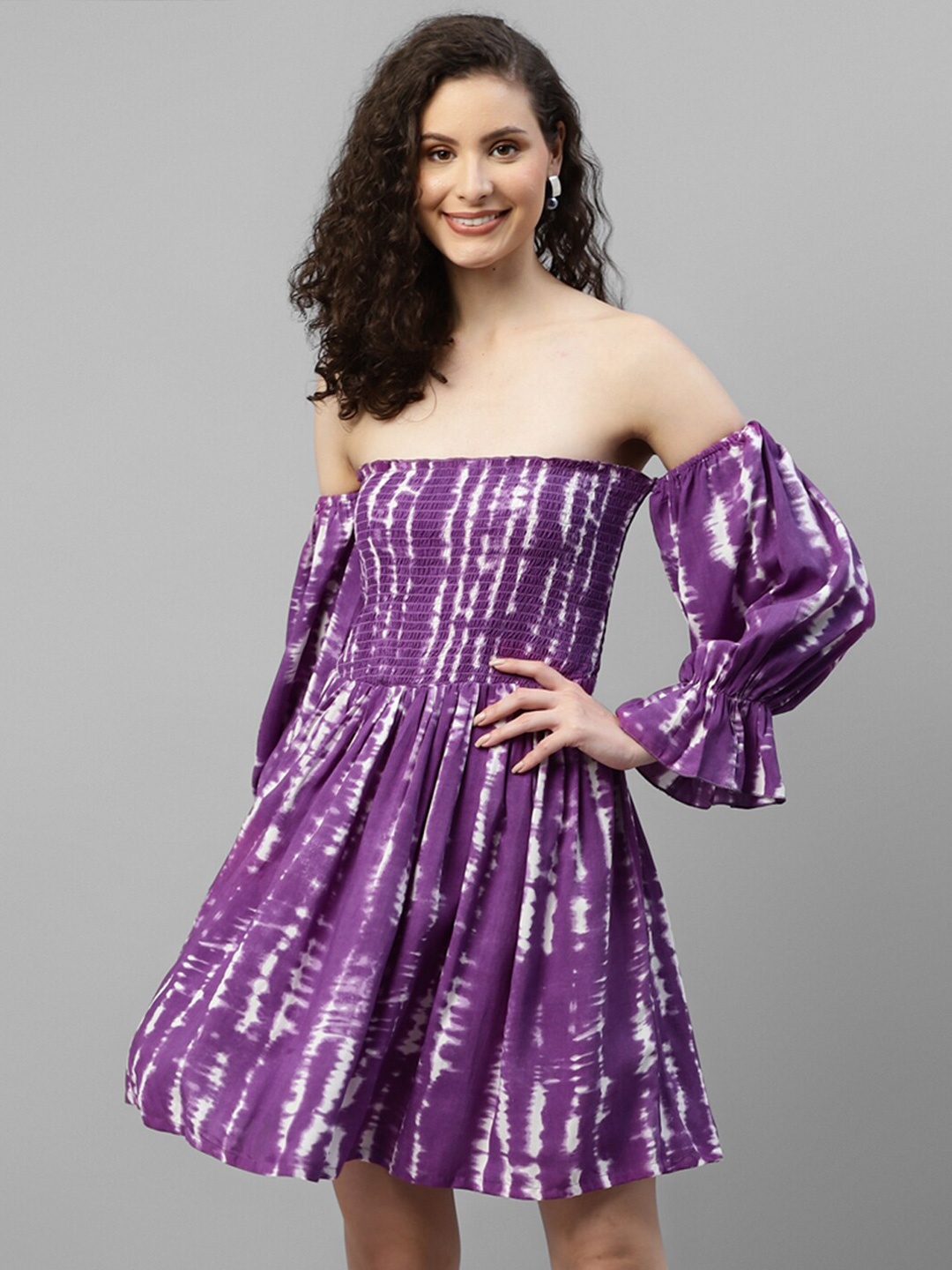 

DEEBACO Tie & Dye Off-Shoulder Smocked Puff Sleeve Fit & Flare Dress, Lavender