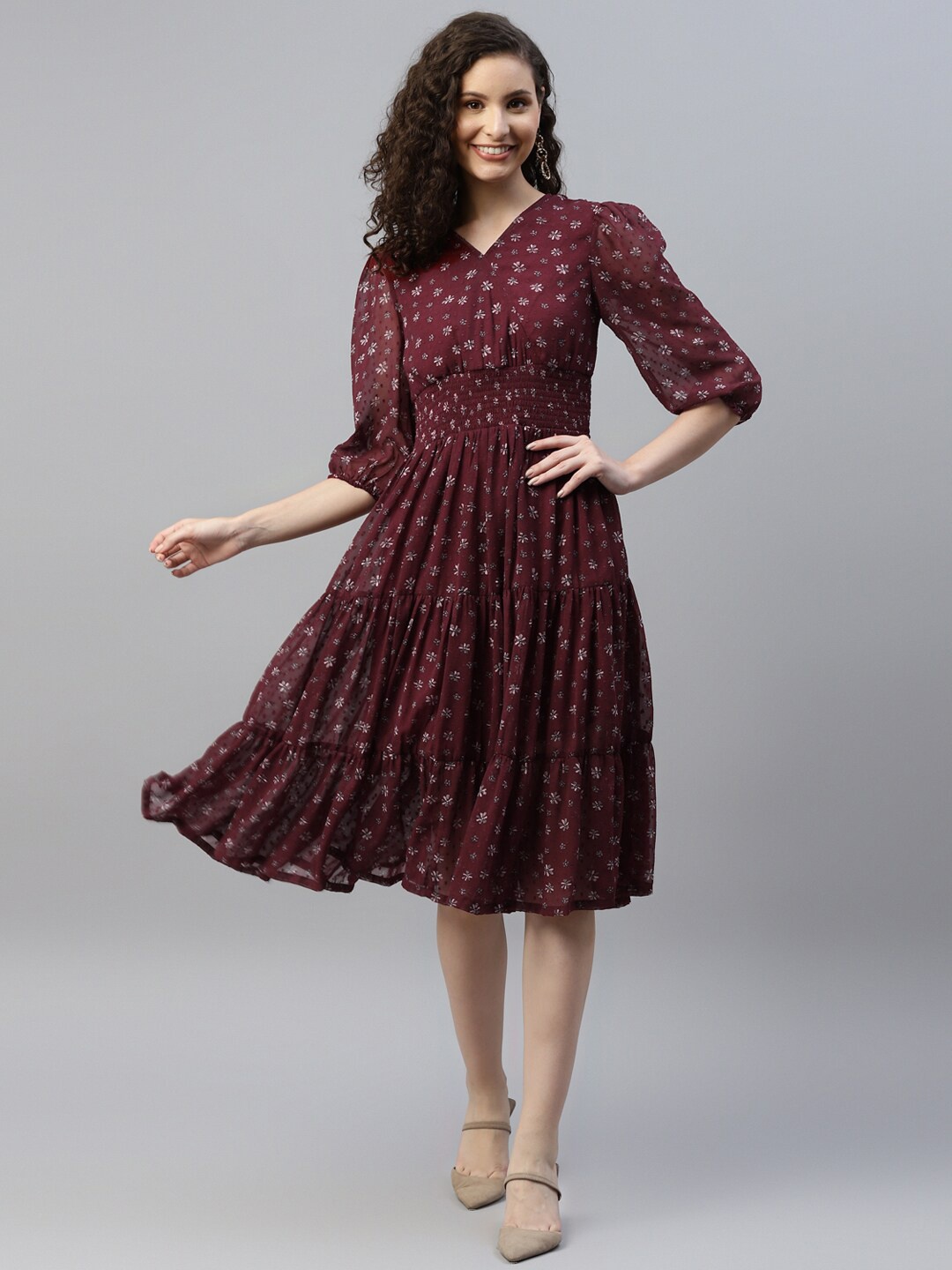 

DEEBACO Floral Printed Smocked V-Neck Tiered Puff Sleeve Georgette Fit & Flare Dress, Maroon