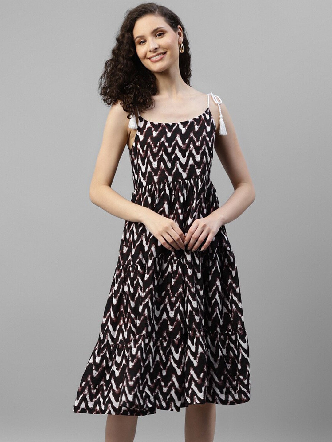 

DEEBACO Abstract Printed Shoulder Straps Fit & Flare Midi Dress, Brown
