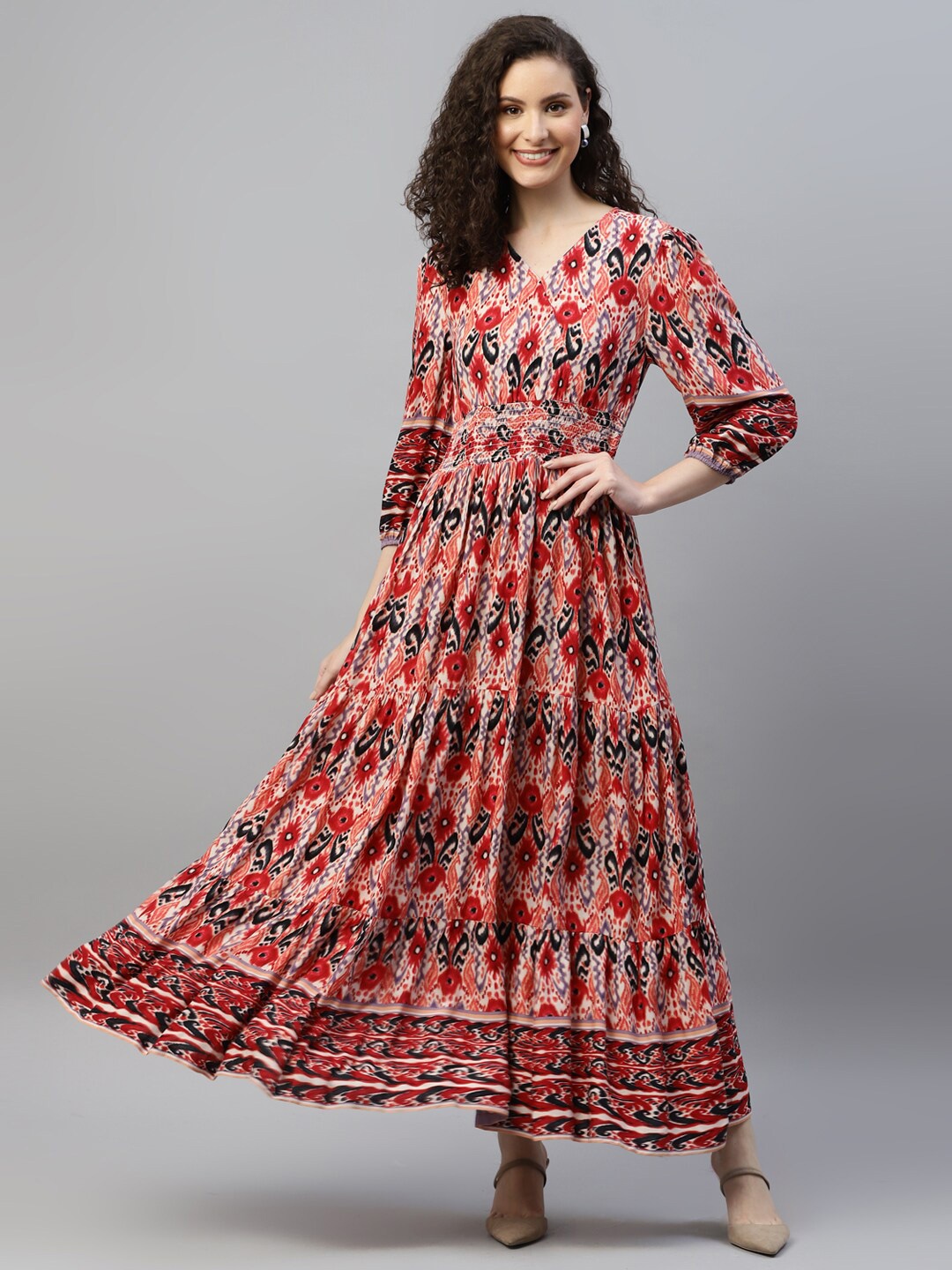 

DEEBACO Ethnic Motifs Printed V-Neck Puff Sleeves Smocked Casual Maxi Dress, Cream
