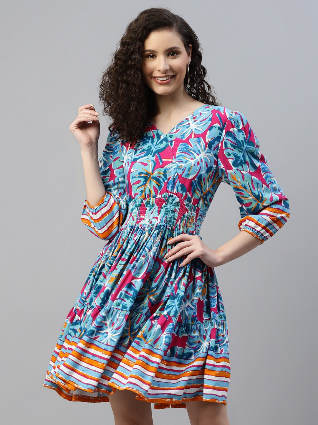 

DEEBACO Tropical Printed Puff Sleeve Fit & Flare Dress, Blue
