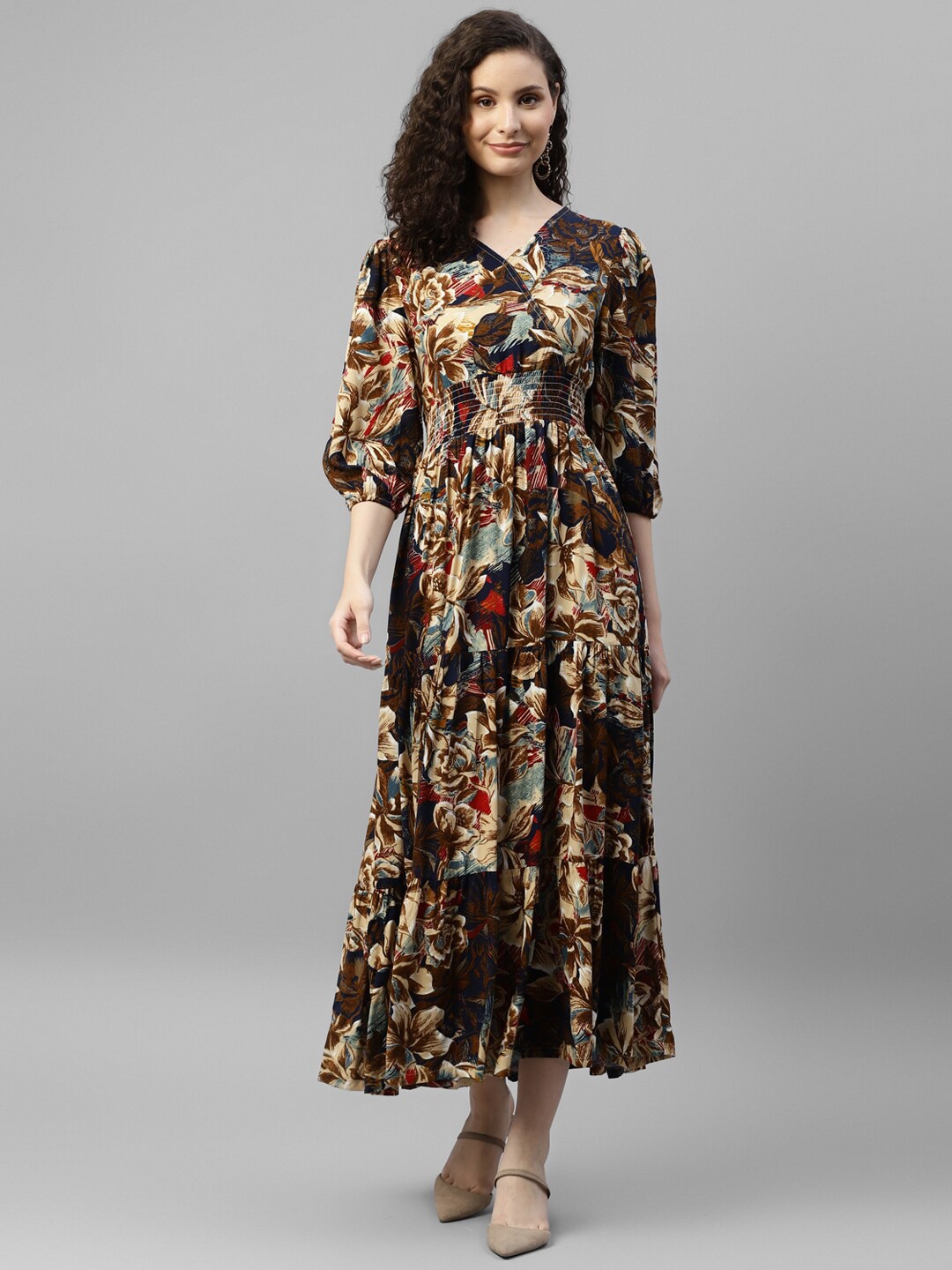 

DEEBACO Floral Printed V-Neck Maxi Dress, Black