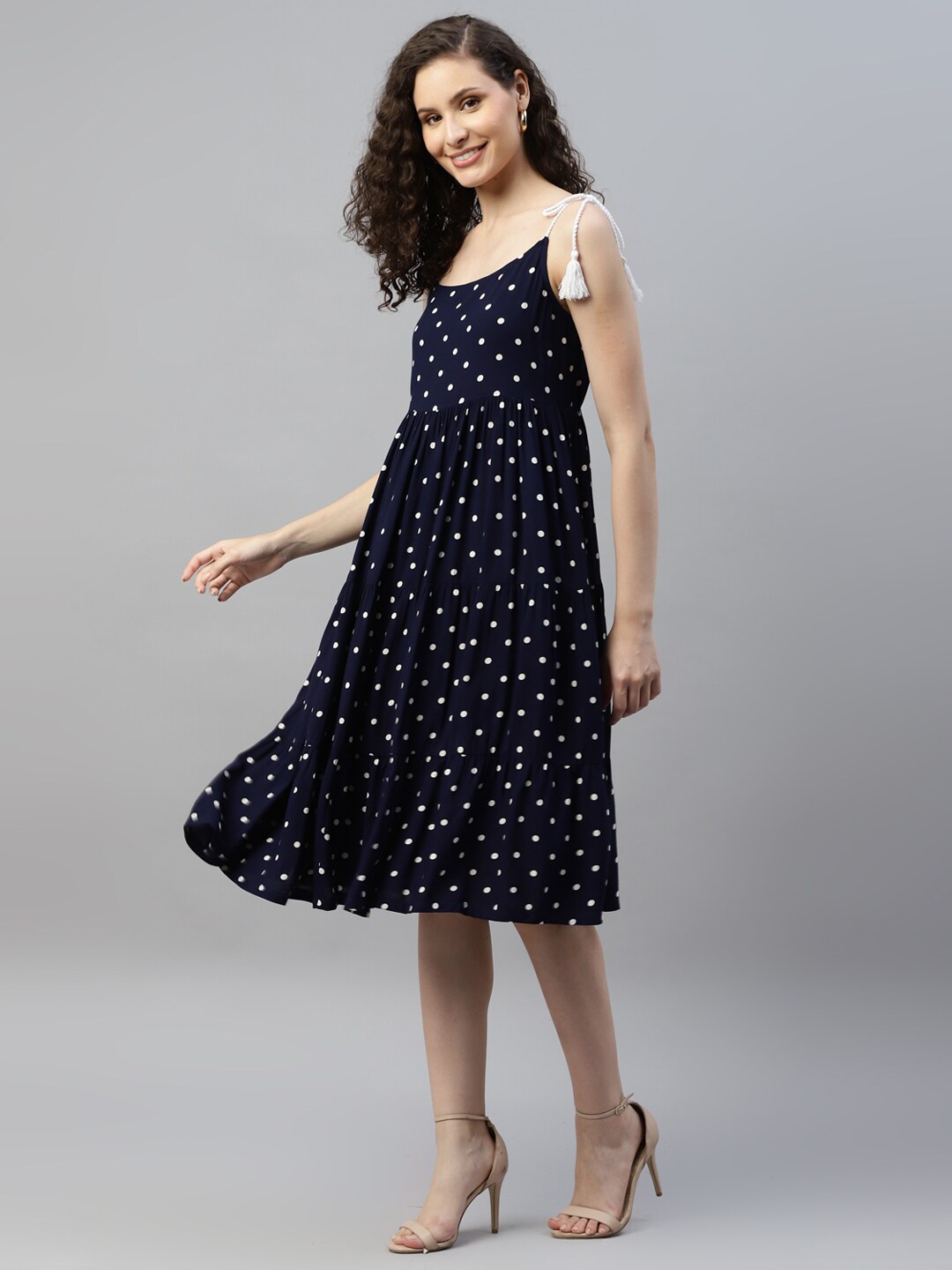 

DEEBACO Polka Dot Printed Shoulder Straps Tie-Ups & Tiered Detail A-Line Dress, Navy blue