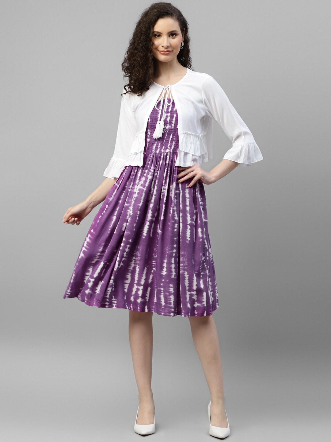 

DEEBACO Tie & Dyed Smocking Fit and Flare Dress With Shrug, Lavender