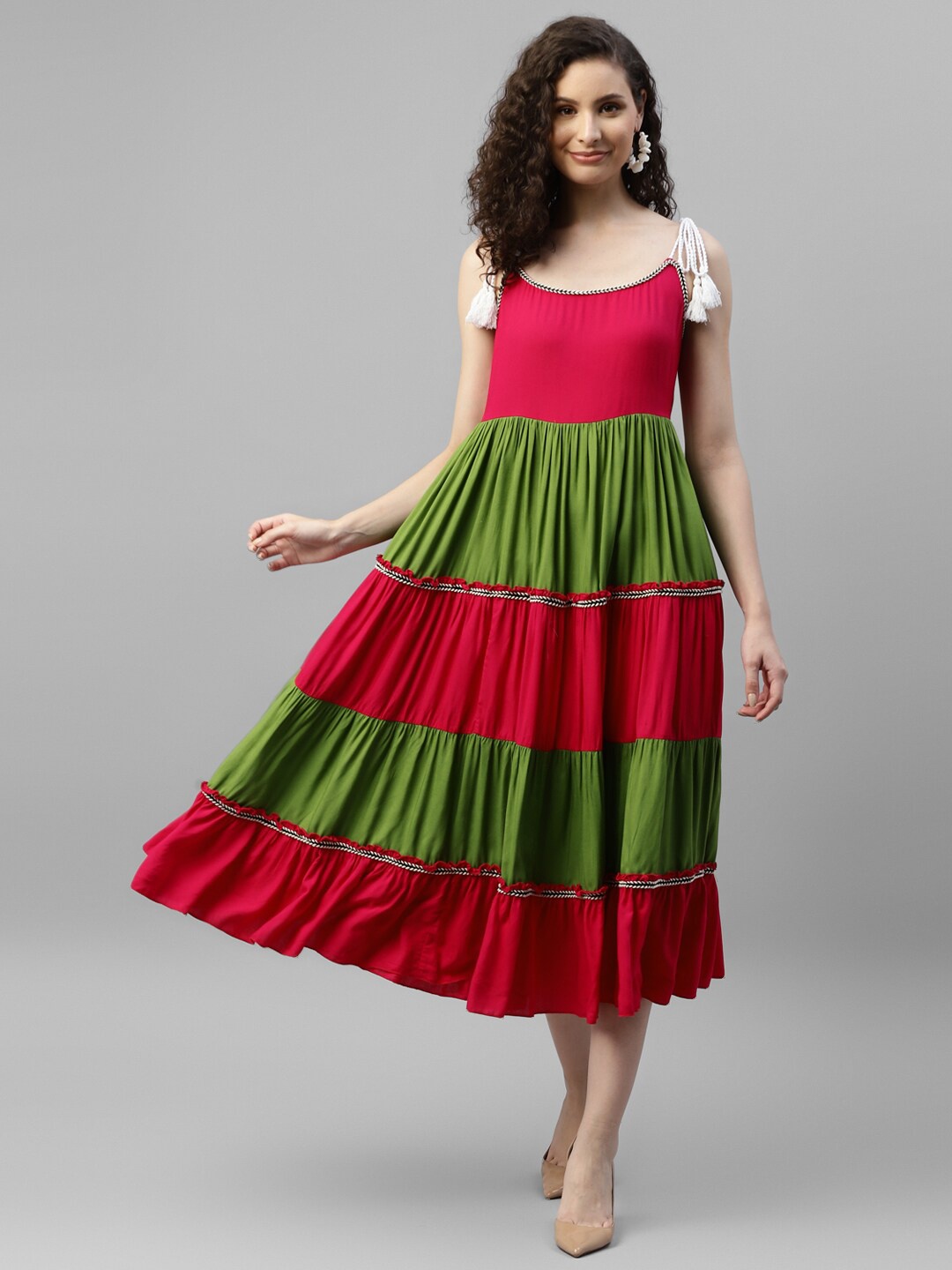 

DEEBACO Colourblocked Round Neck Cap Sleeves A-Line Midi Dress, Magenta