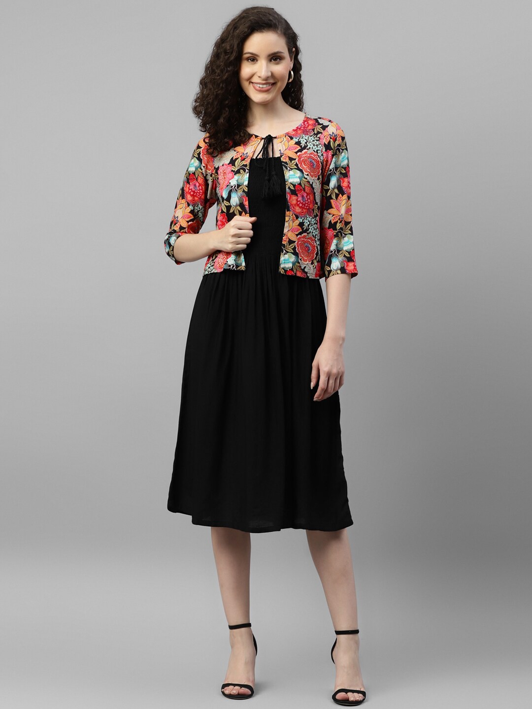 

DEEBACO Smocked Tie-Ups Neck A-Line Dress With Jacket, Black