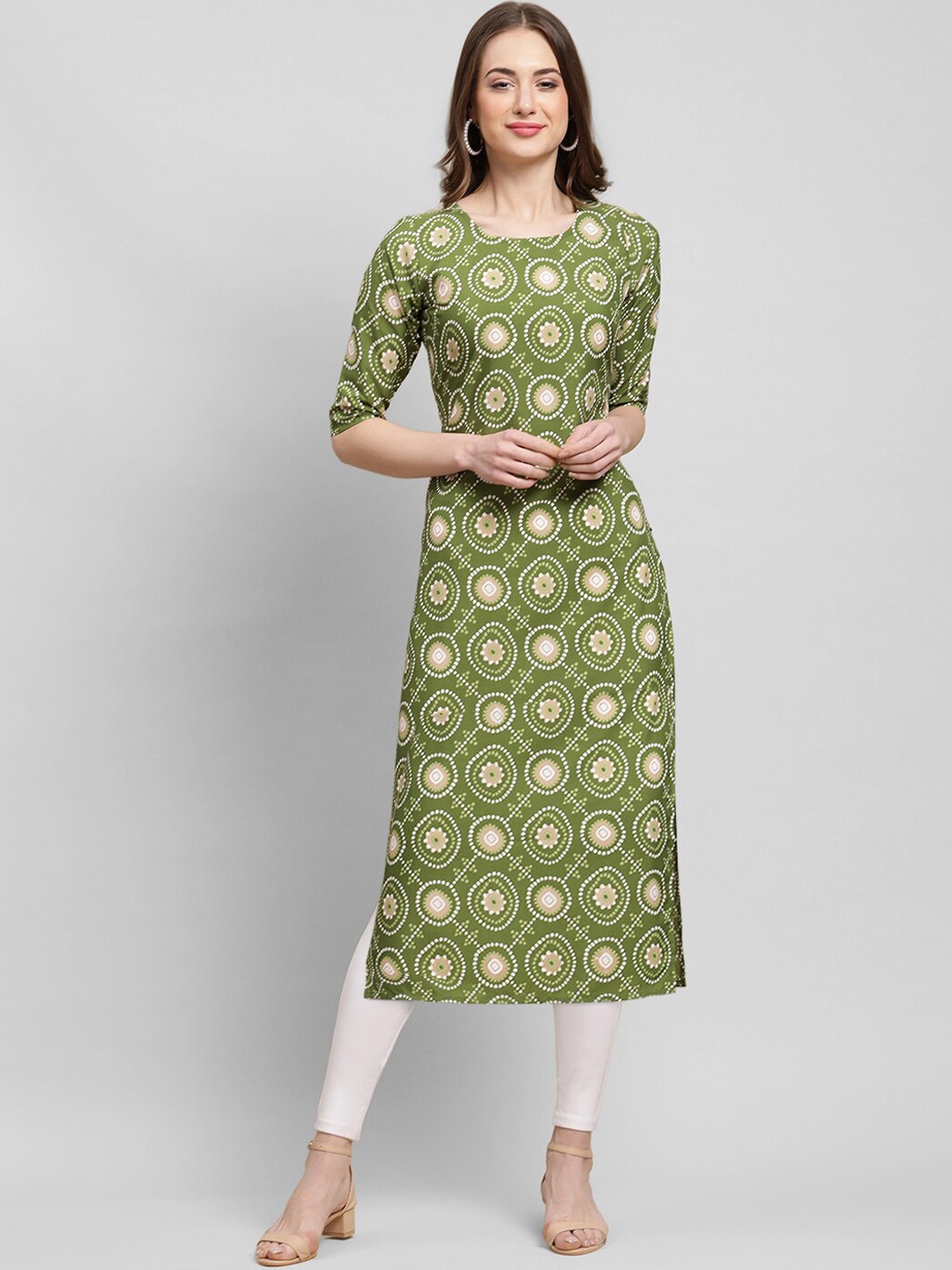 

7Threads Ethnic Motifs Printed Round Neck Kurta, Green