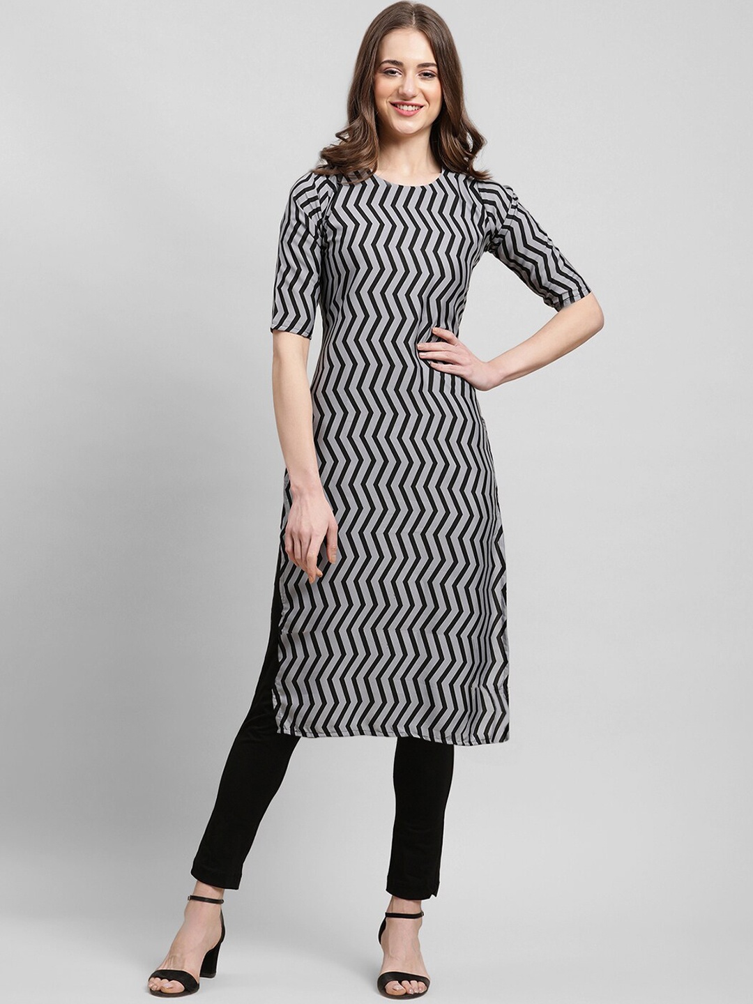 

7Threads Round Neck Striped Kurta, Black