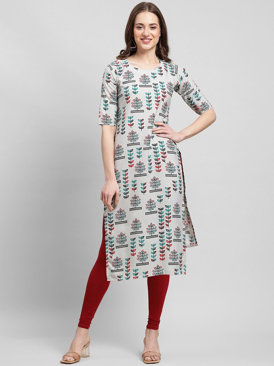 

7Threads Floral Printed Round Neck Kurta, Grey
