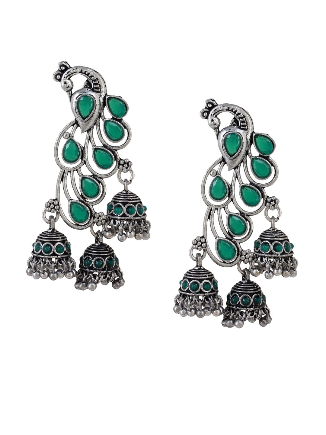 

Mali Fionna Green & Silver-Toned Peacock Shaped Drop Earrings