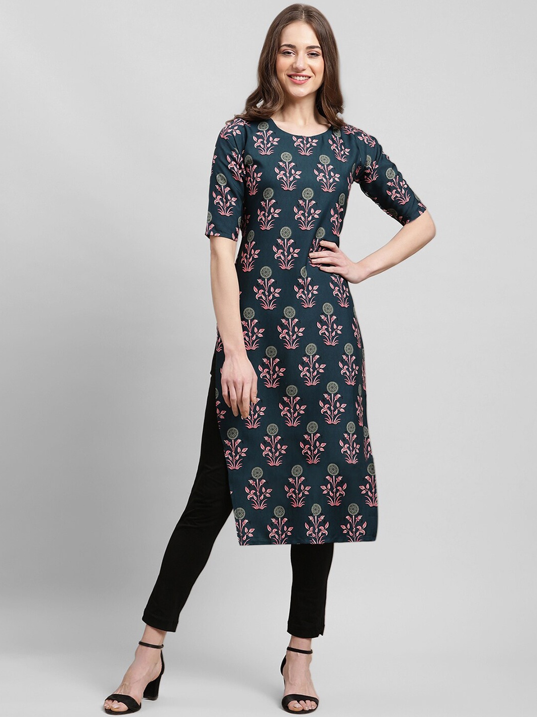 

7Threads Floral Printed Round Neck Kurta, Olive