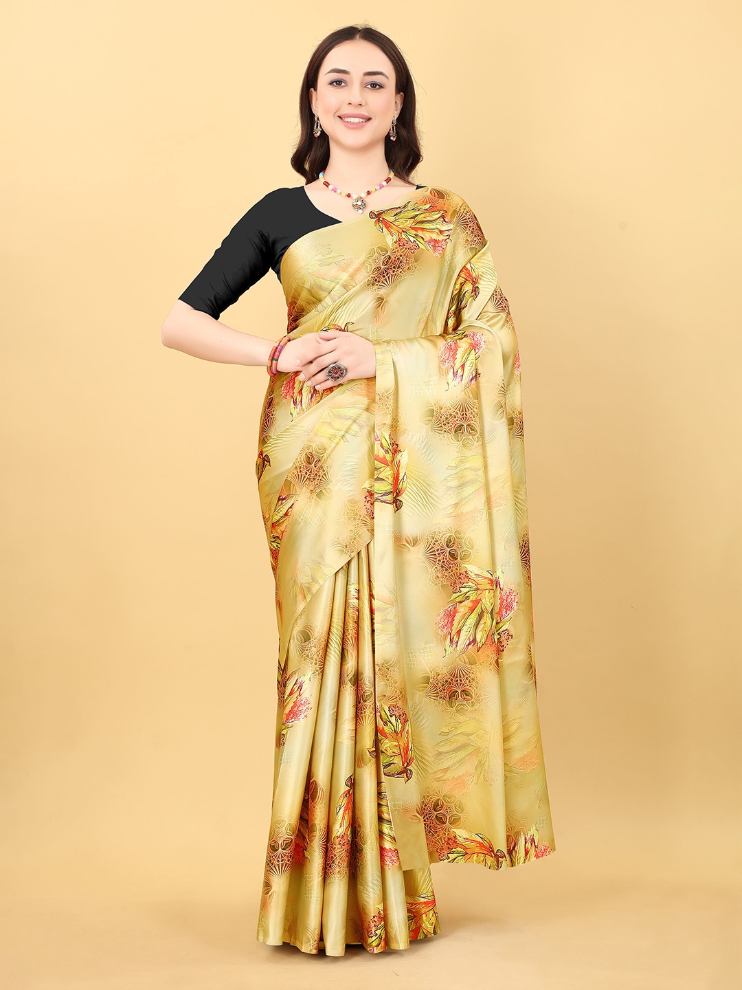 

VEECHIS Floral Printed Satin Saree, Yellow