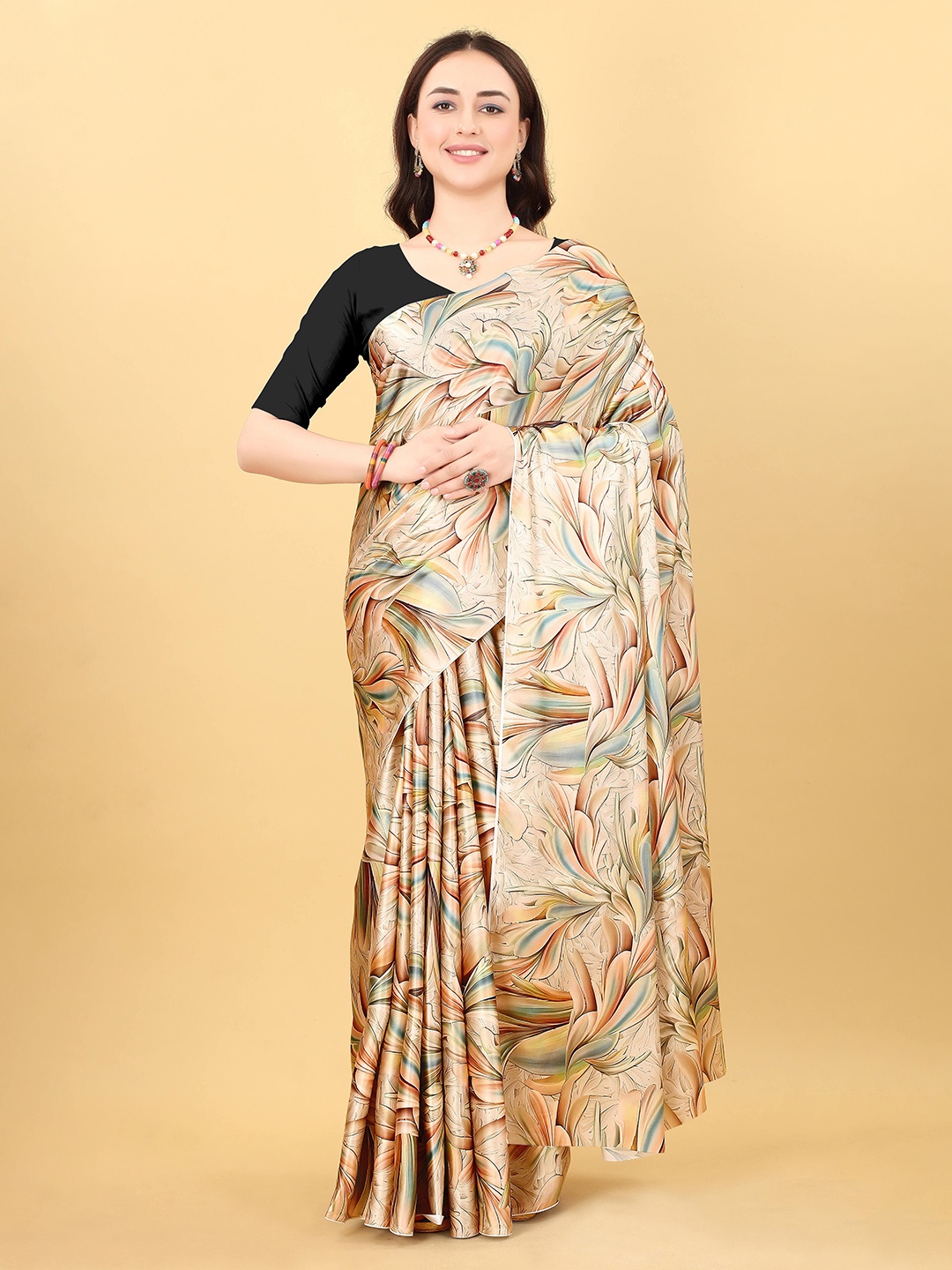 

VEECHIS Floral Printed Satin Saree, Cream