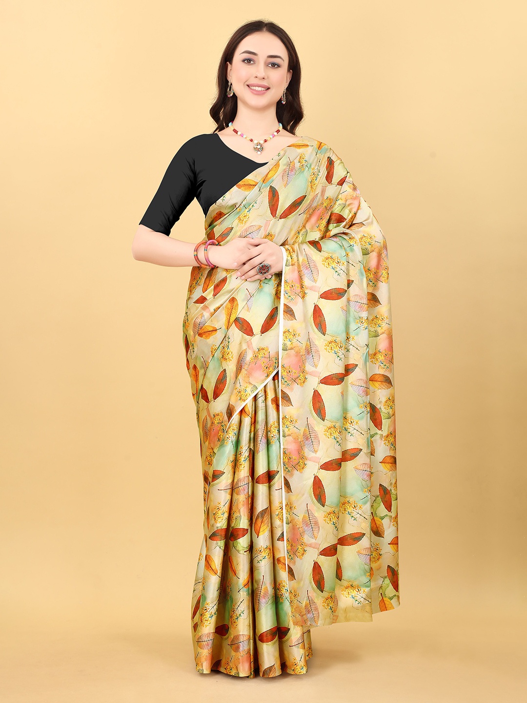 

VEECHIS Floral Printed Satin Saree, Yellow