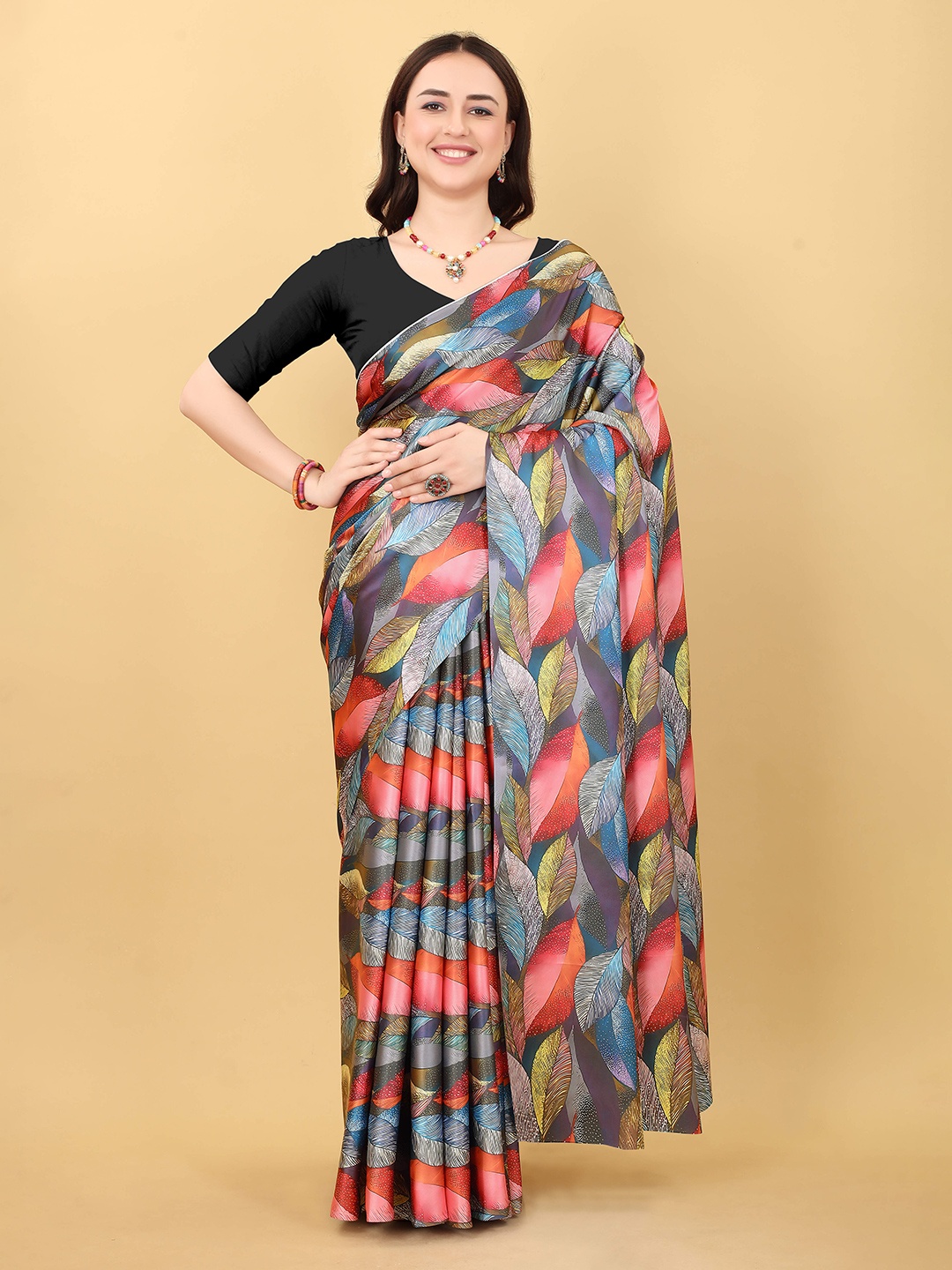 

VEECHIS Floral Printed Satin Saree, Red