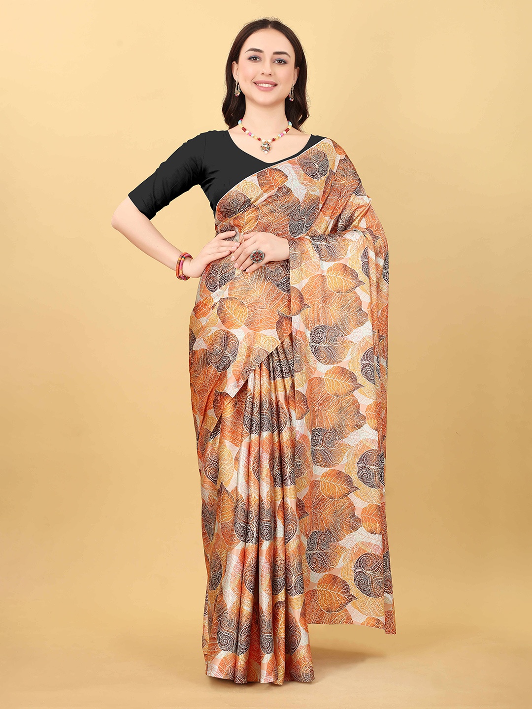 

VEECHIS Floral Printed Satin Saree, Yellow