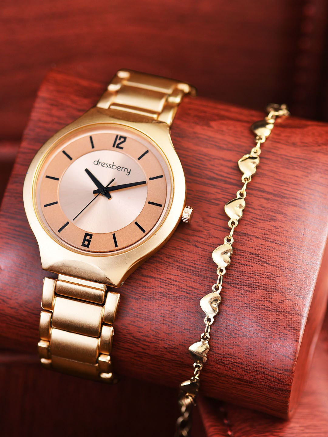 

DressBerry Women Round Analogue Watch Gift Set DBWJ Set-11, Rose gold