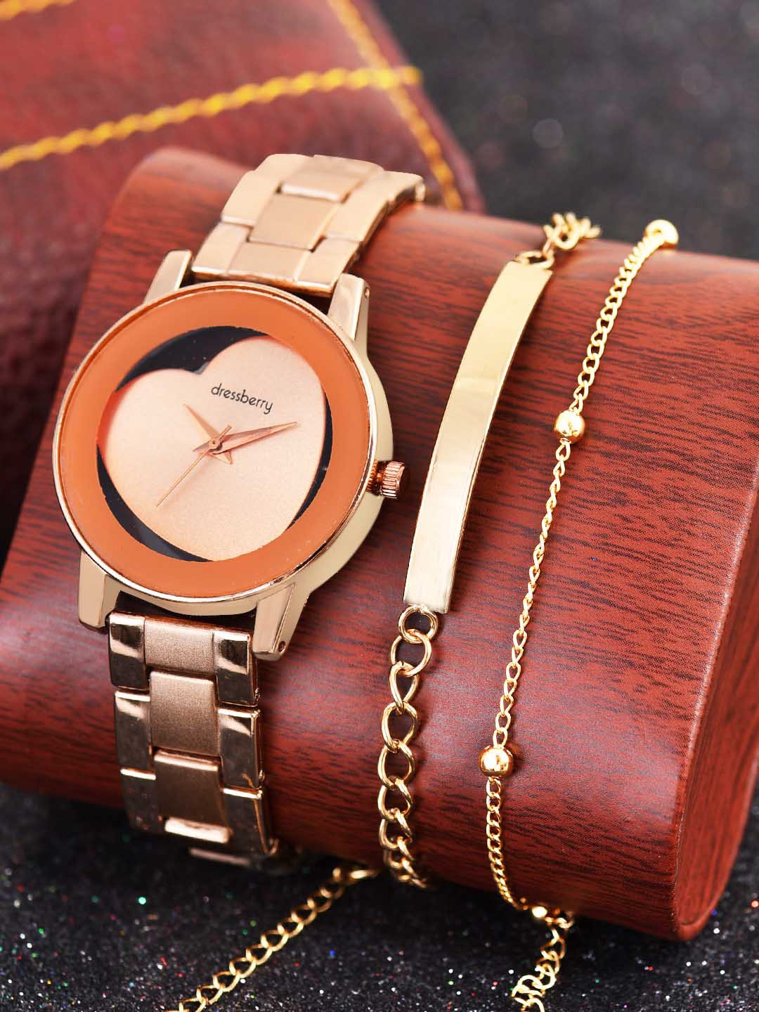 

DressBerry Women Round Analogue Watch Gift Set DBWJ Set-08, Rose gold
