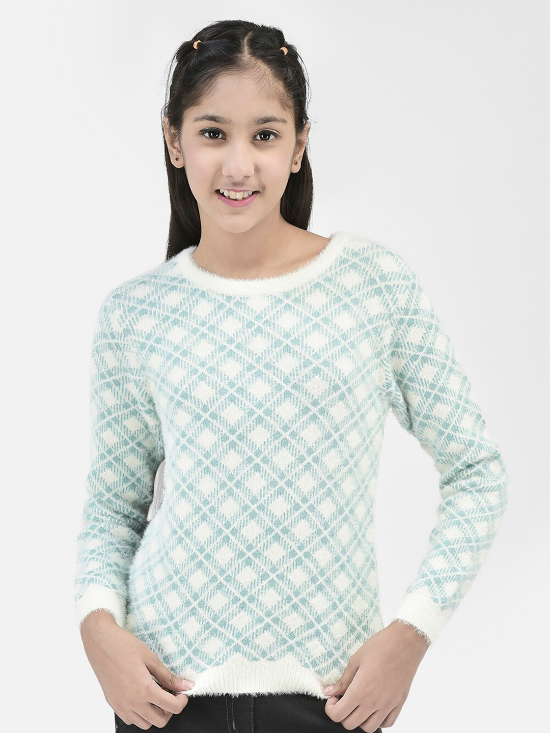 

Crimsoune Club Girls Checked Printed Pullover, White
