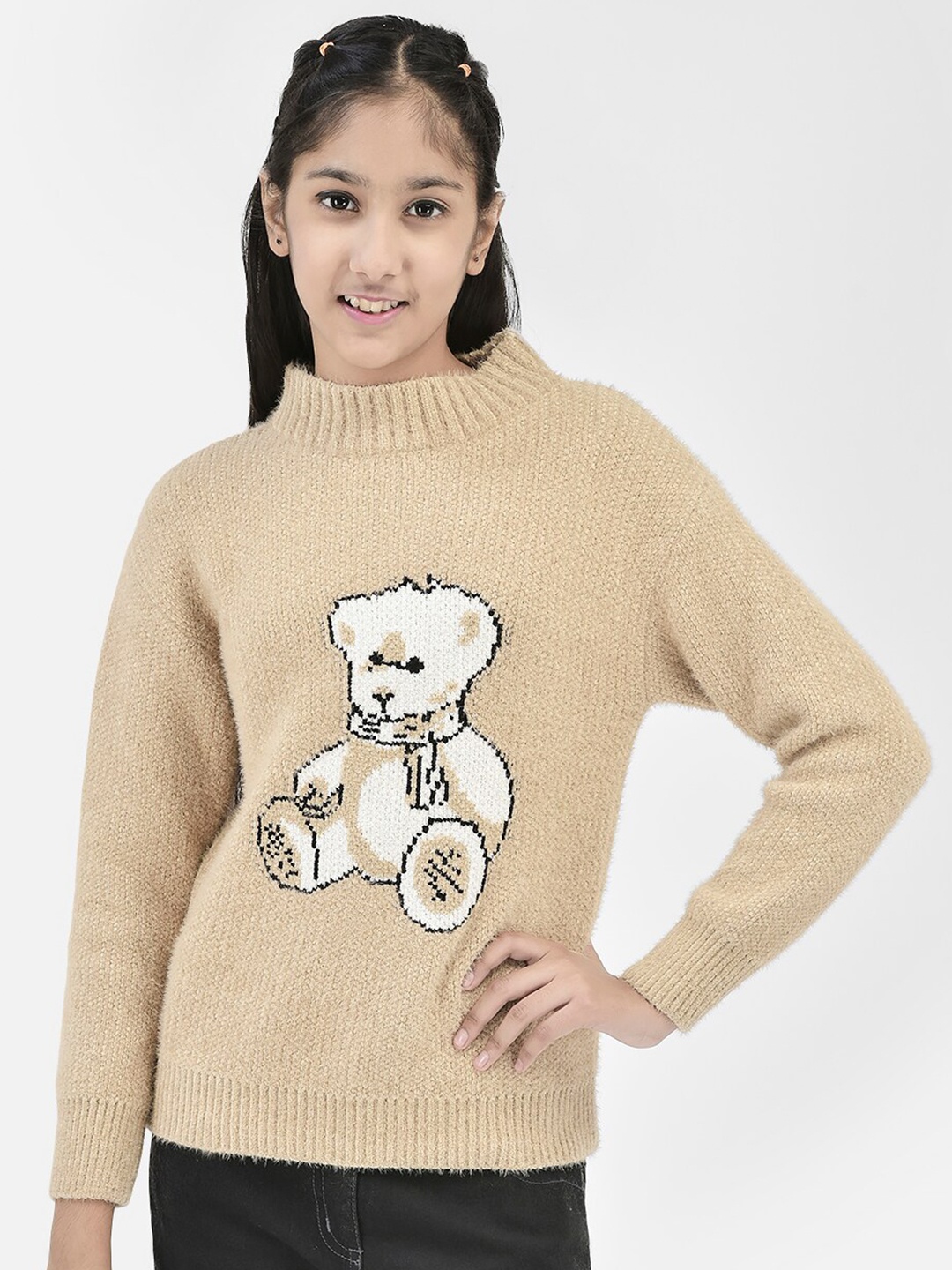 

Crimsoune Club Girls Graphic Printed Pullover, Beige