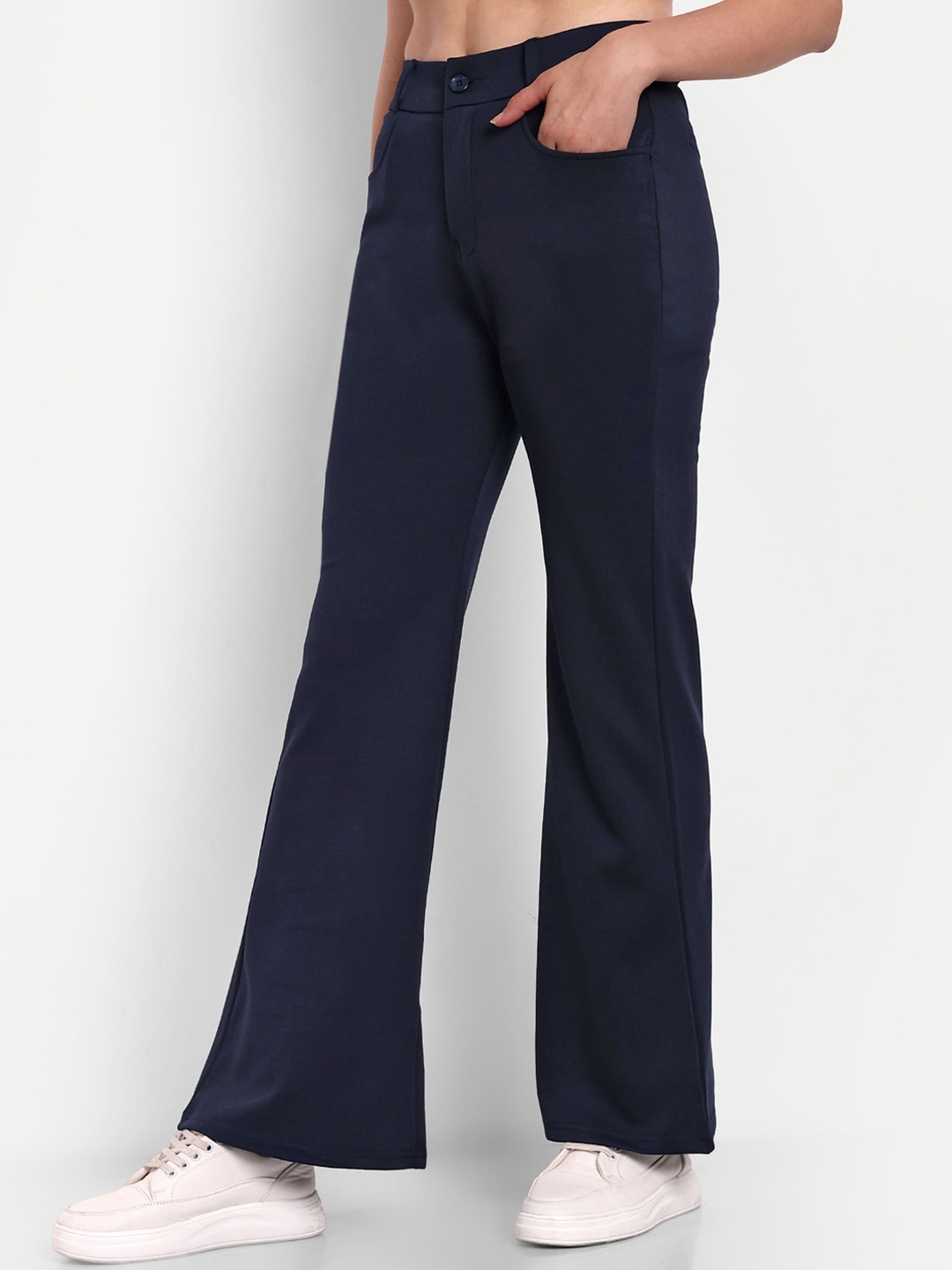 

BROADSTAR Women Smart Flared High-Rise Easy Wash Bootcut Trousers, Navy blue