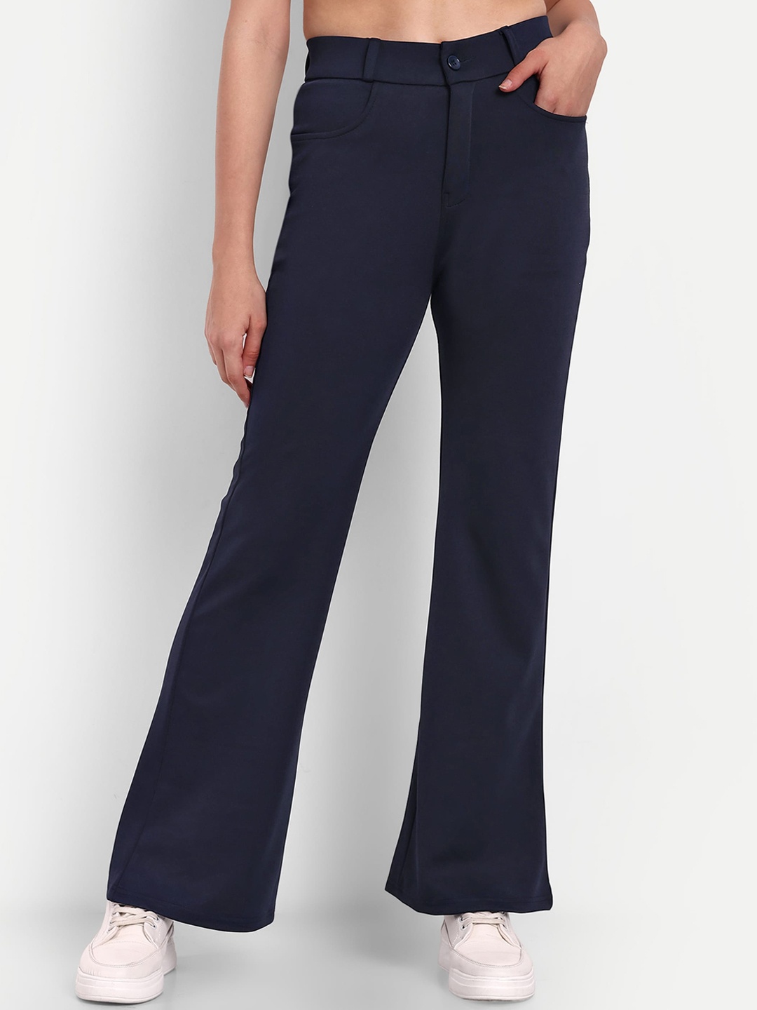 

BROADSTAR Women Smart Flared High-Rise Easy Wash Bootcut Trousers, Navy blue