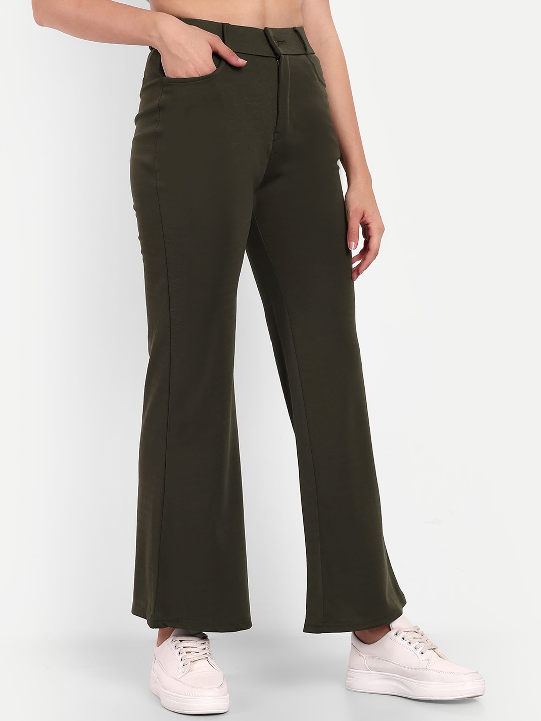 

BROADSTAR Women Smart Flared High-Rise Easy Wash Bootcut Trousers, Olive