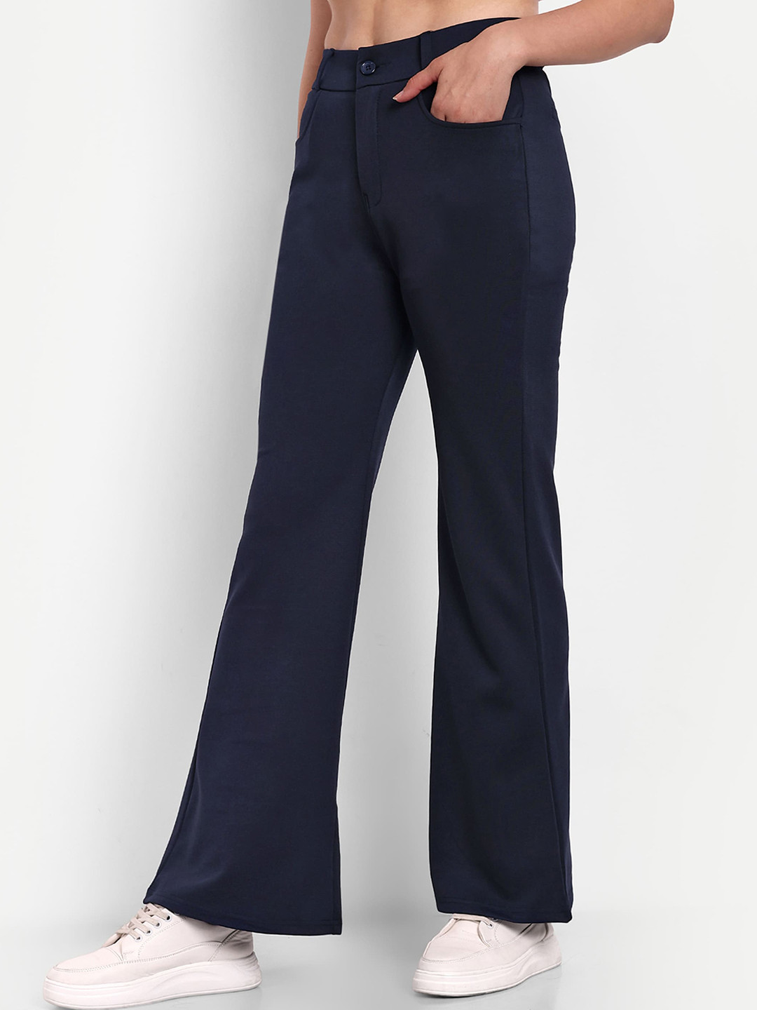 

BROADSTAR Women Smart Flared High-Rise Easy Wash Bootcut Trousers, Navy blue