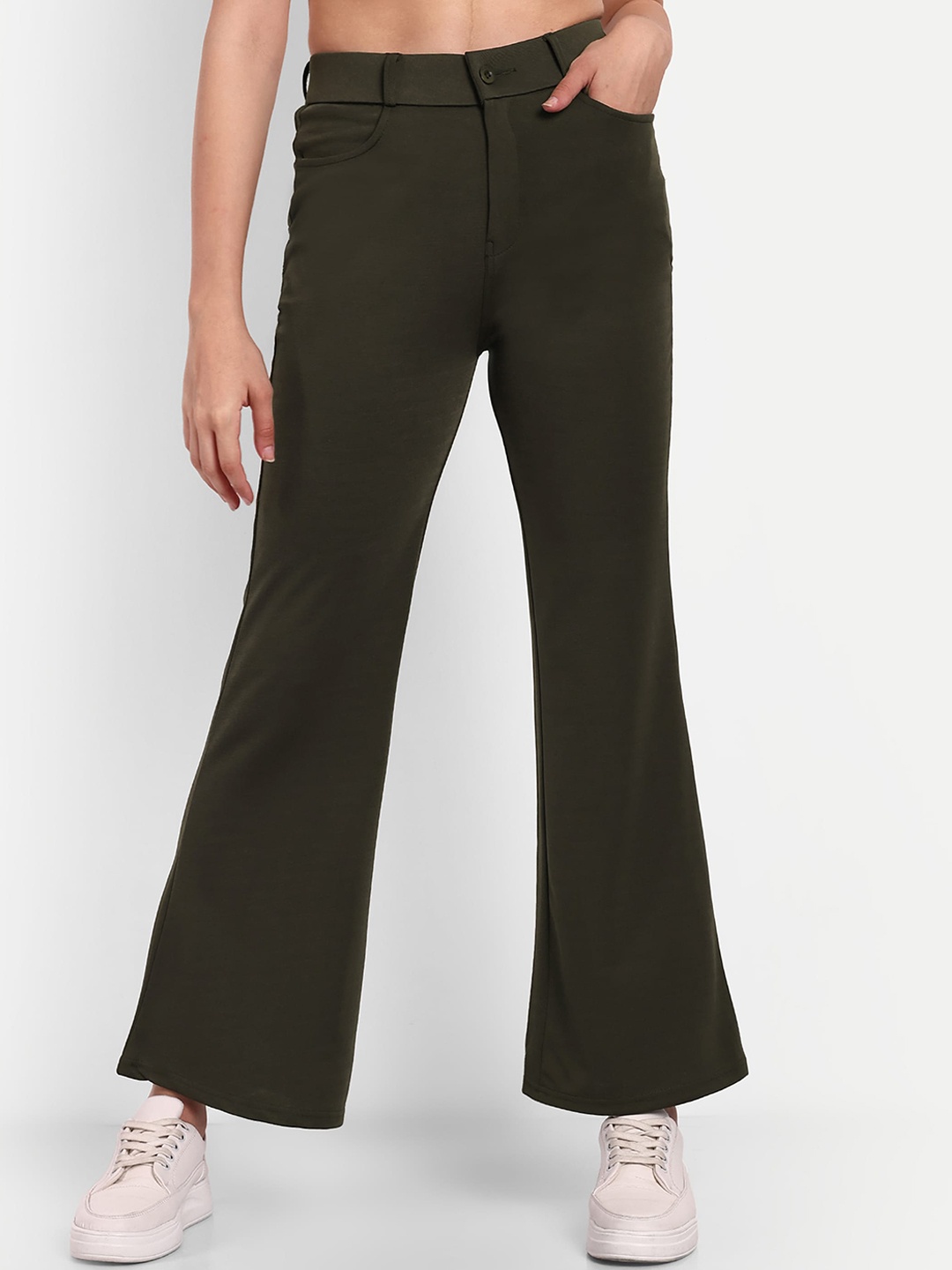 

BROADSTAR Women Smart Flared High-Rise Easy Wash Bootcut Trousers, Olive