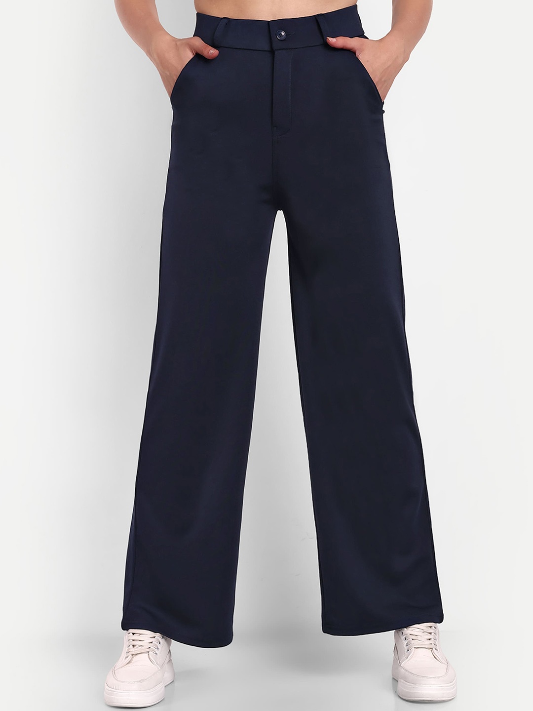 

BROADSTAR Women Smart Loose Fit High-Rise Easy Wash Parallel Trousers, Navy blue