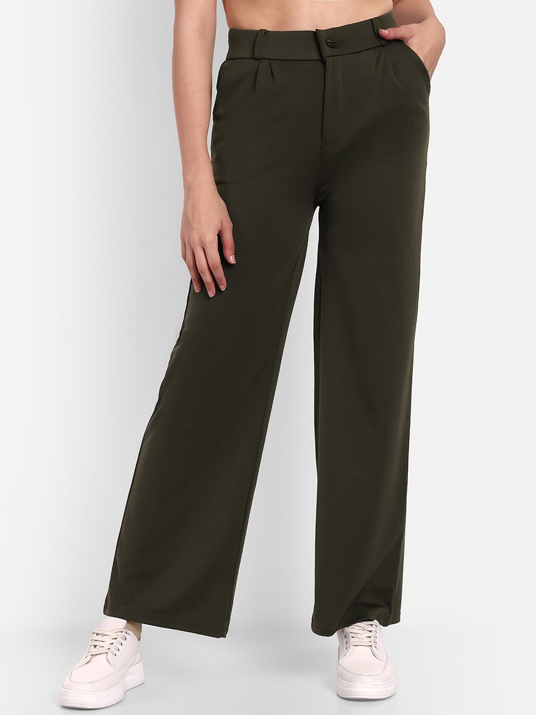 

BROADSTAR Women Smart Loose Fit High Rise Easy Wash Parallel Trousers, Olive