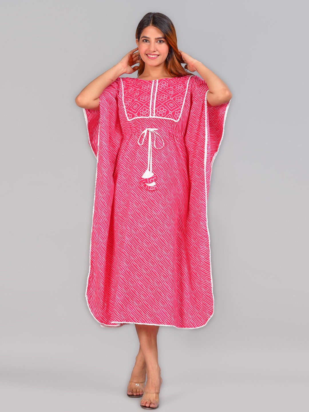 

YASH GALLERY Leheriya Ethnic Motifs Printed Flared Sleeves Kaftan Midi Dress, Pink