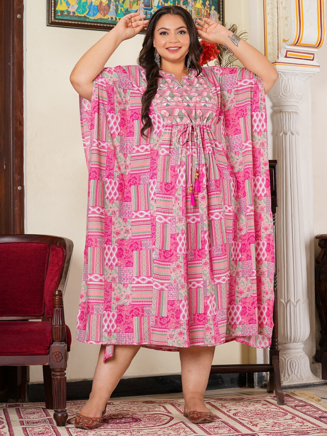 

YASH GALLERY Geometric Printed Flared Sleeves Kaftan Midi Dress, Pink