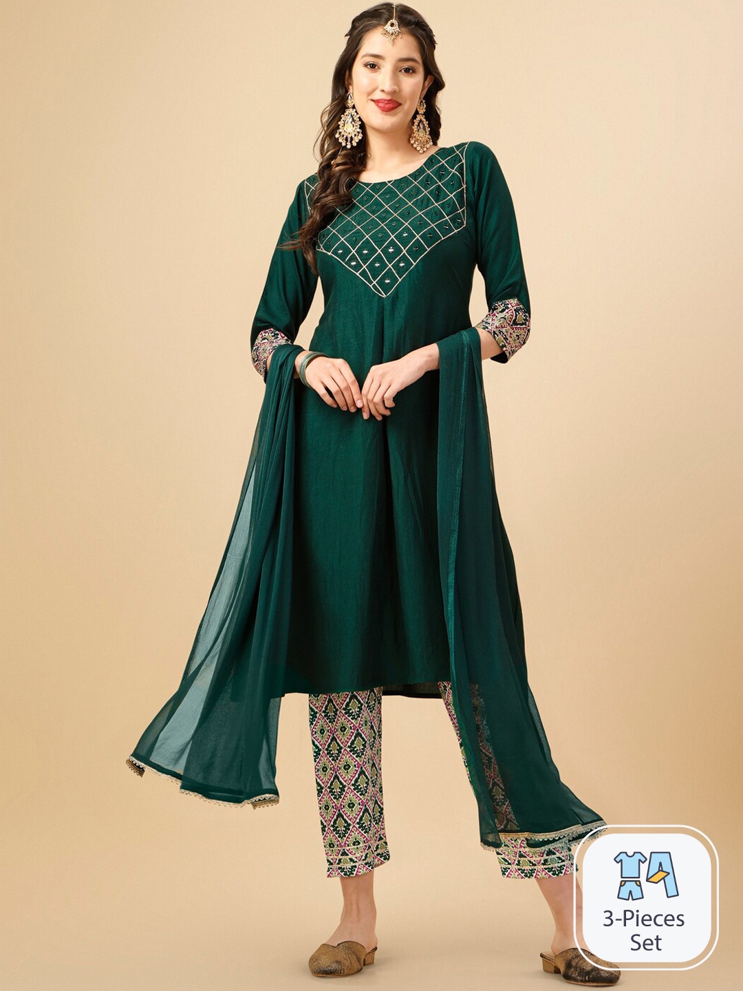 

Sangria Ethnic Motifs Yoke Design Mirror Work A Line Kurta With Trouser, Green