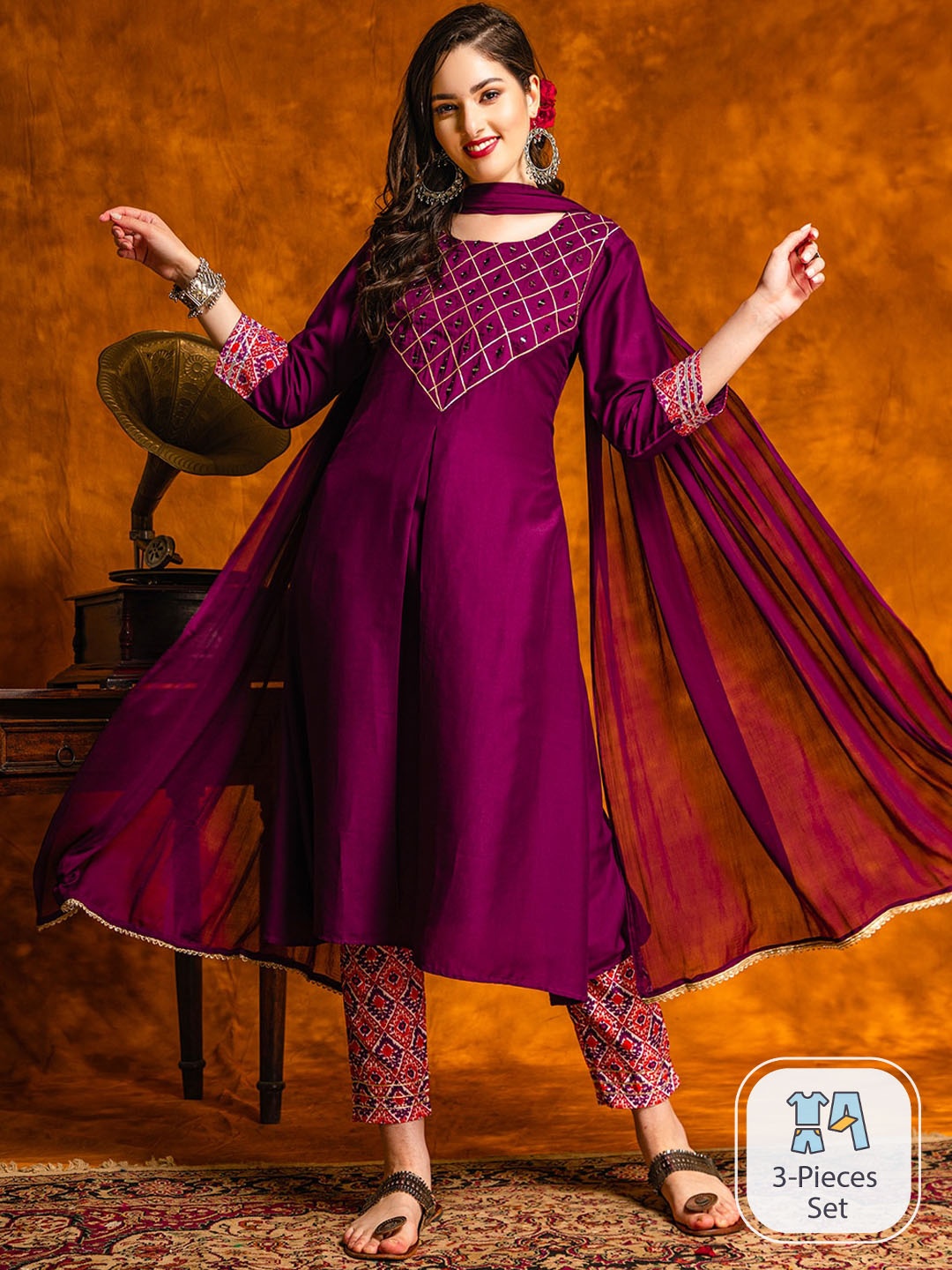 

Sangria Ethnic Motifs Yoke Design Mirror Work A Line Kurta With Trouser, Purple