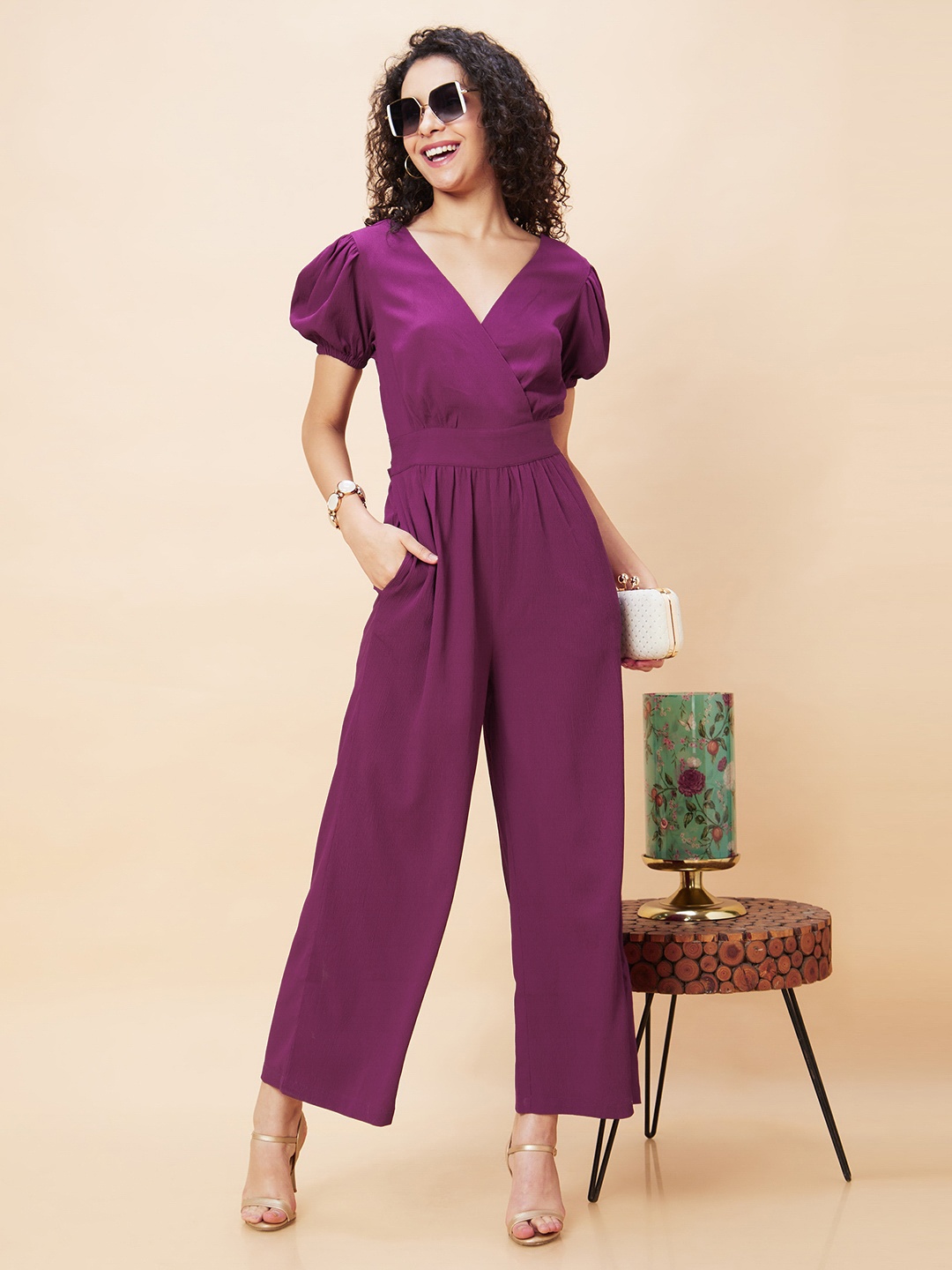 

Globus Wrap Neck Back Waist Tie-Up Long Jumpsuit, Purple