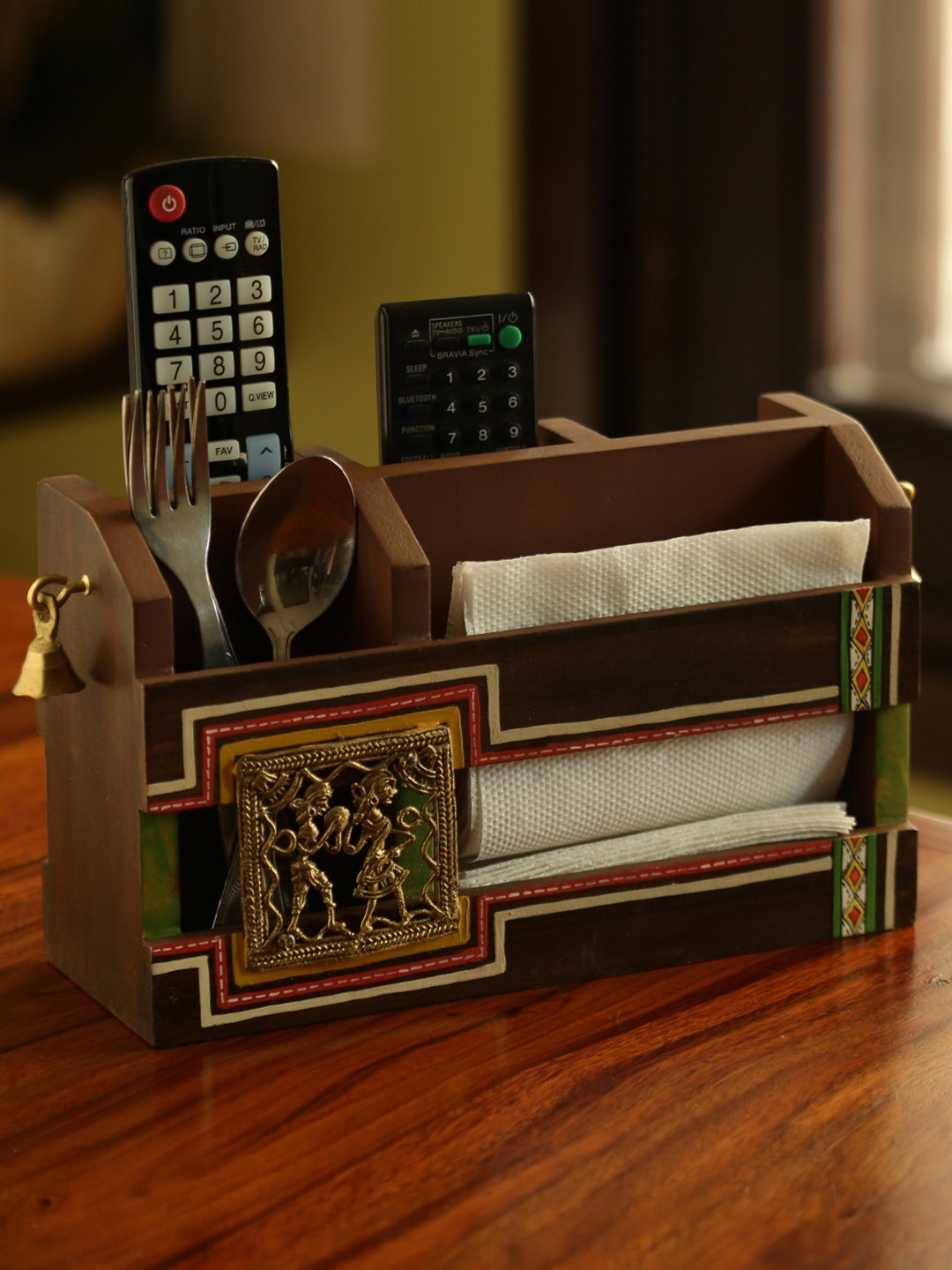 

ExclusiveLane Dhokr-A-Rrange Hand-Painted Wooden Table Organisers With Brass Figurines, Brown