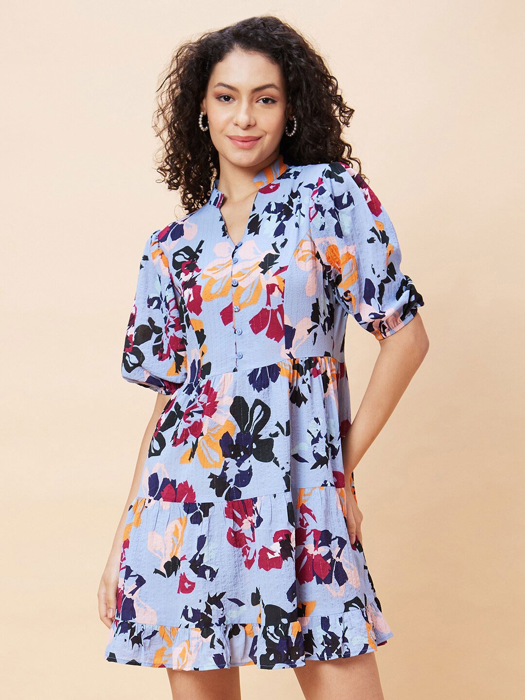 

Globus Floral Printed Mandarin Collar Puff Sleeves A-Line Dress, Blue