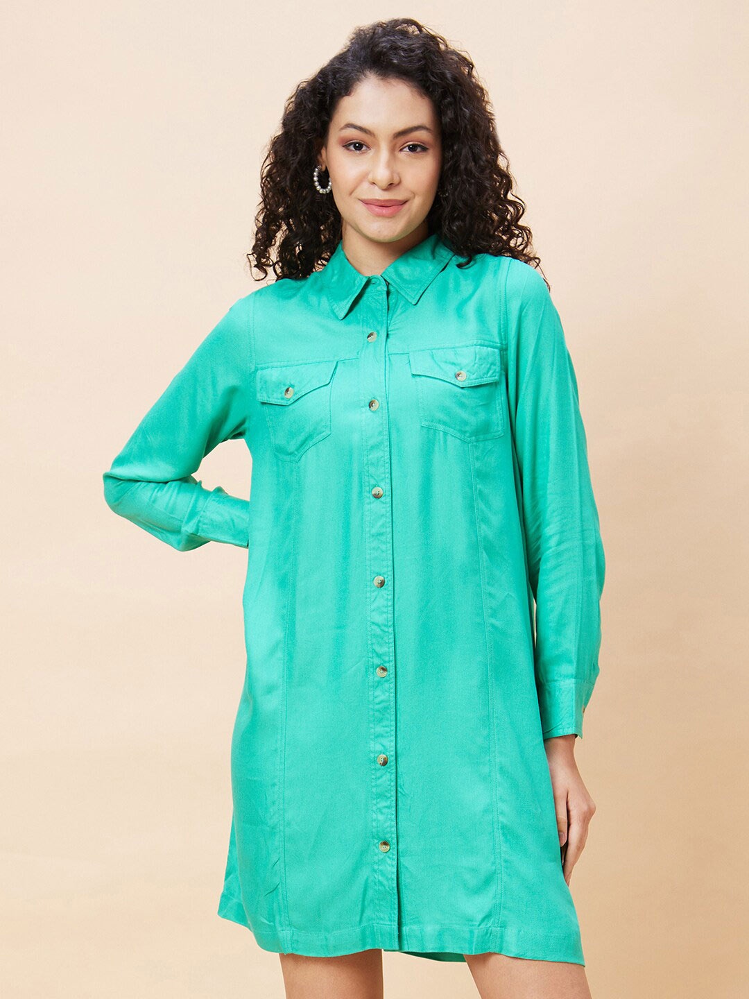 

Globus Shirt Collar Mini Shirt Style Dress, Green