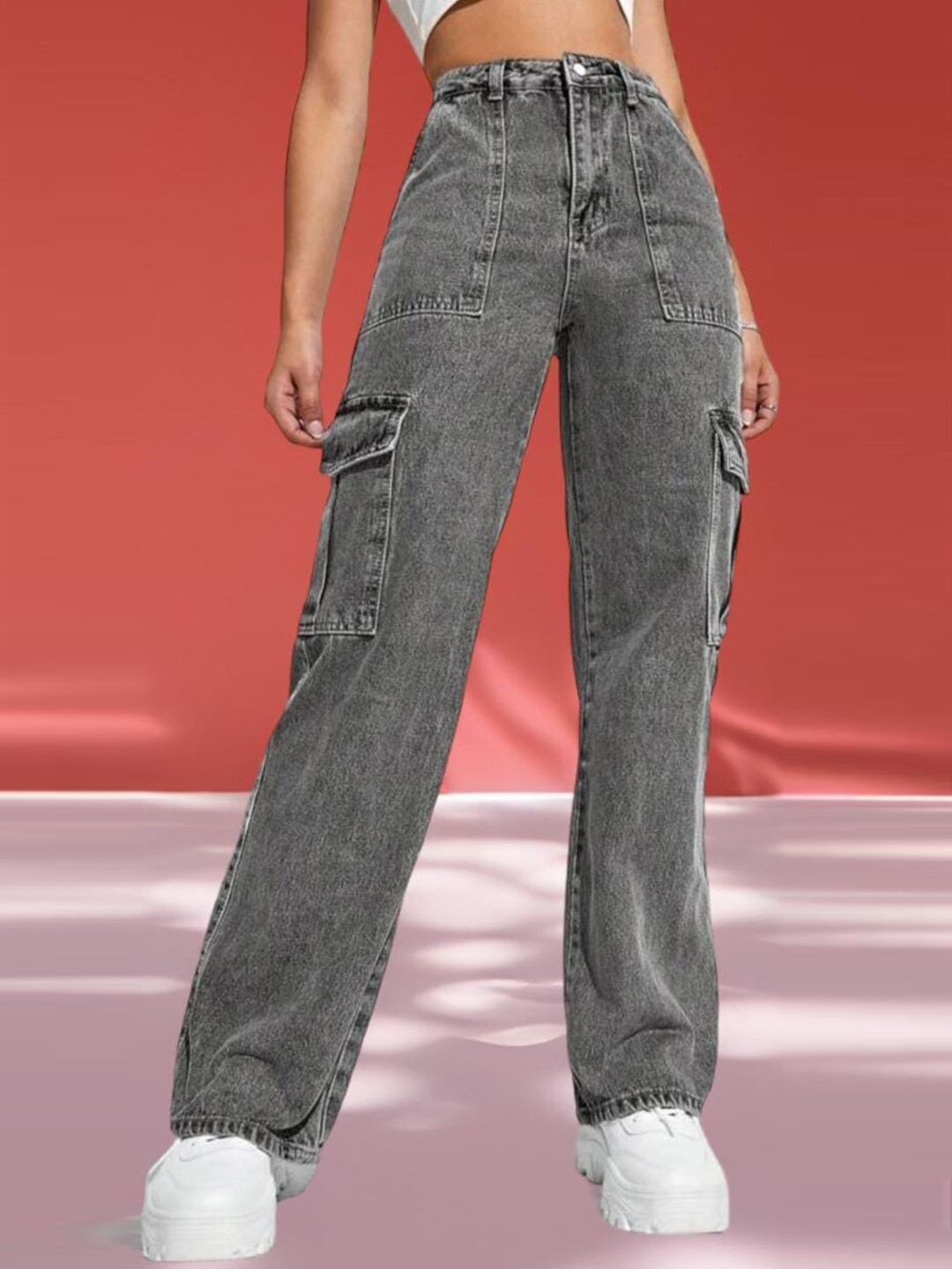 

BROADSTAR Women Smart Wide Leg Heavy Fade Clean Look High-Rise Cargo Stretchable Jeans, Grey