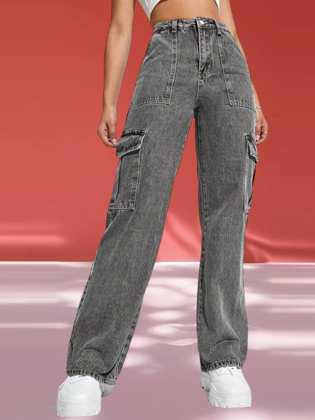 

BROADSTAR Women Smart Wide Leg Heavy Fade Clean Look High-Rise Cargo Stretchable Jeans, Grey
