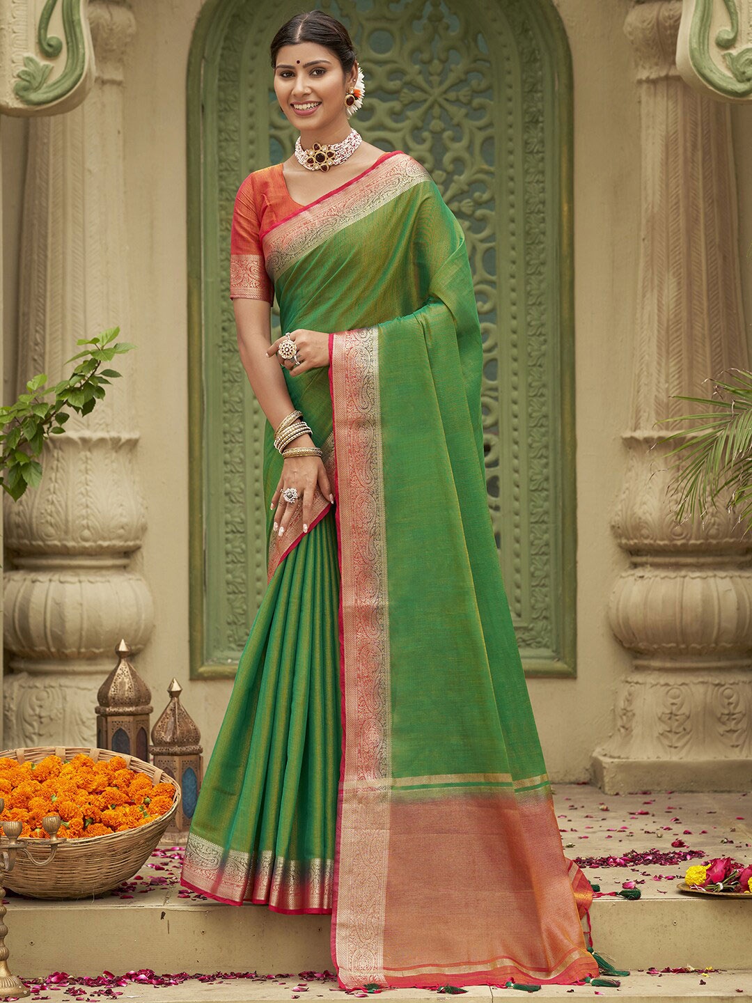 

Anouk Zari Silk Blend Banarasi Saree, Green