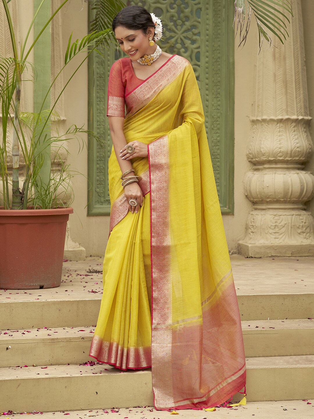 

Anouk Yellow & Red Zari Tussar Silk Saree