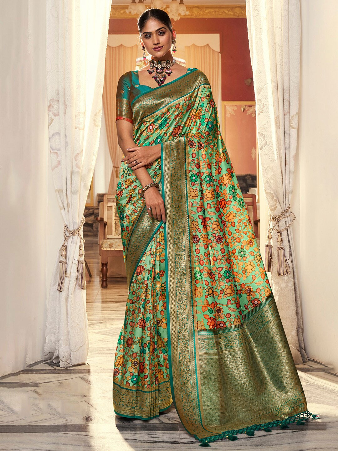 

Anouk Floral Printed Zari Satin Banarasi Saree, Sea green