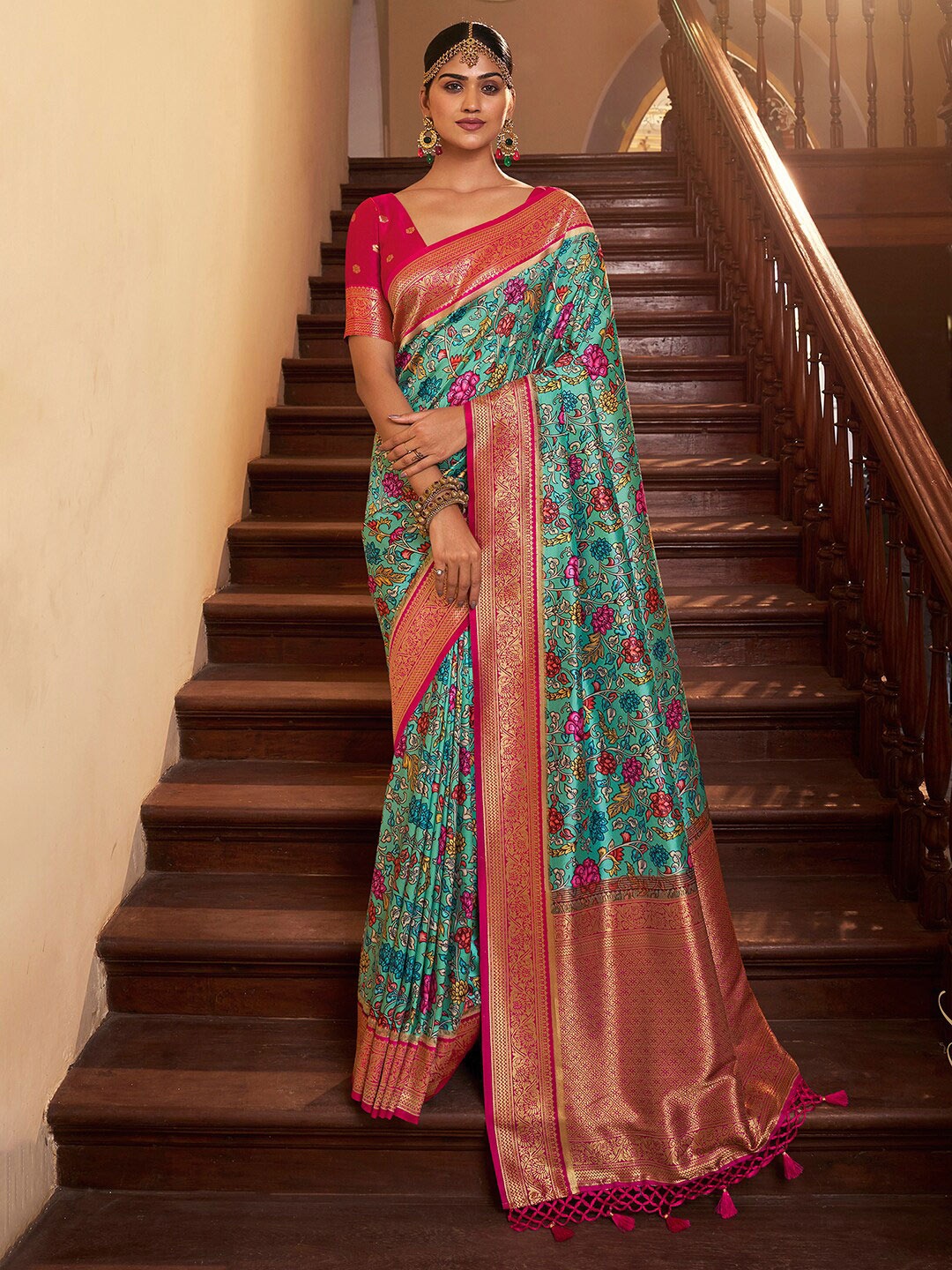 

Anouk Blue & Pink Ethnic Motifs Printed Zari Satin Banarasi Saree