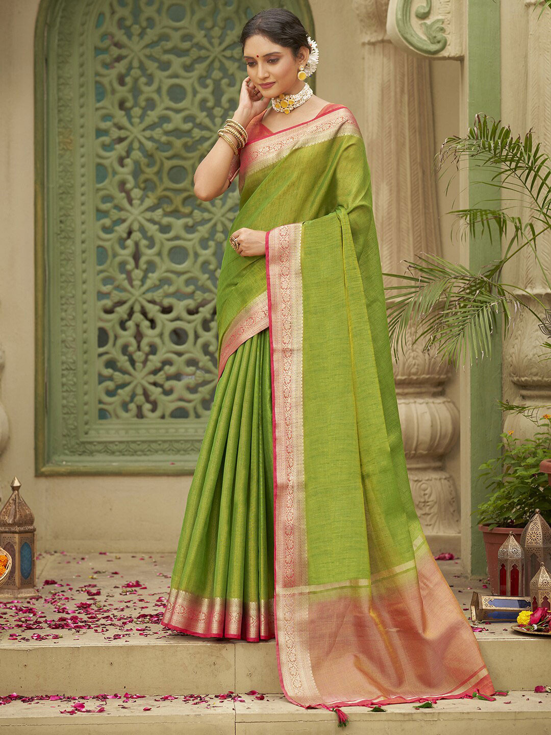 

Anouk Green & Pink Zari Tussar Silk Saree