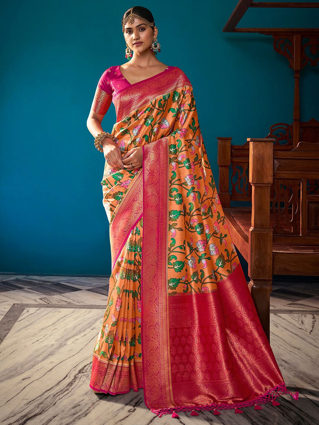 

Anouk Orange & Pink Ethnic Motifs Printed Zari Satin Banarasi Saree