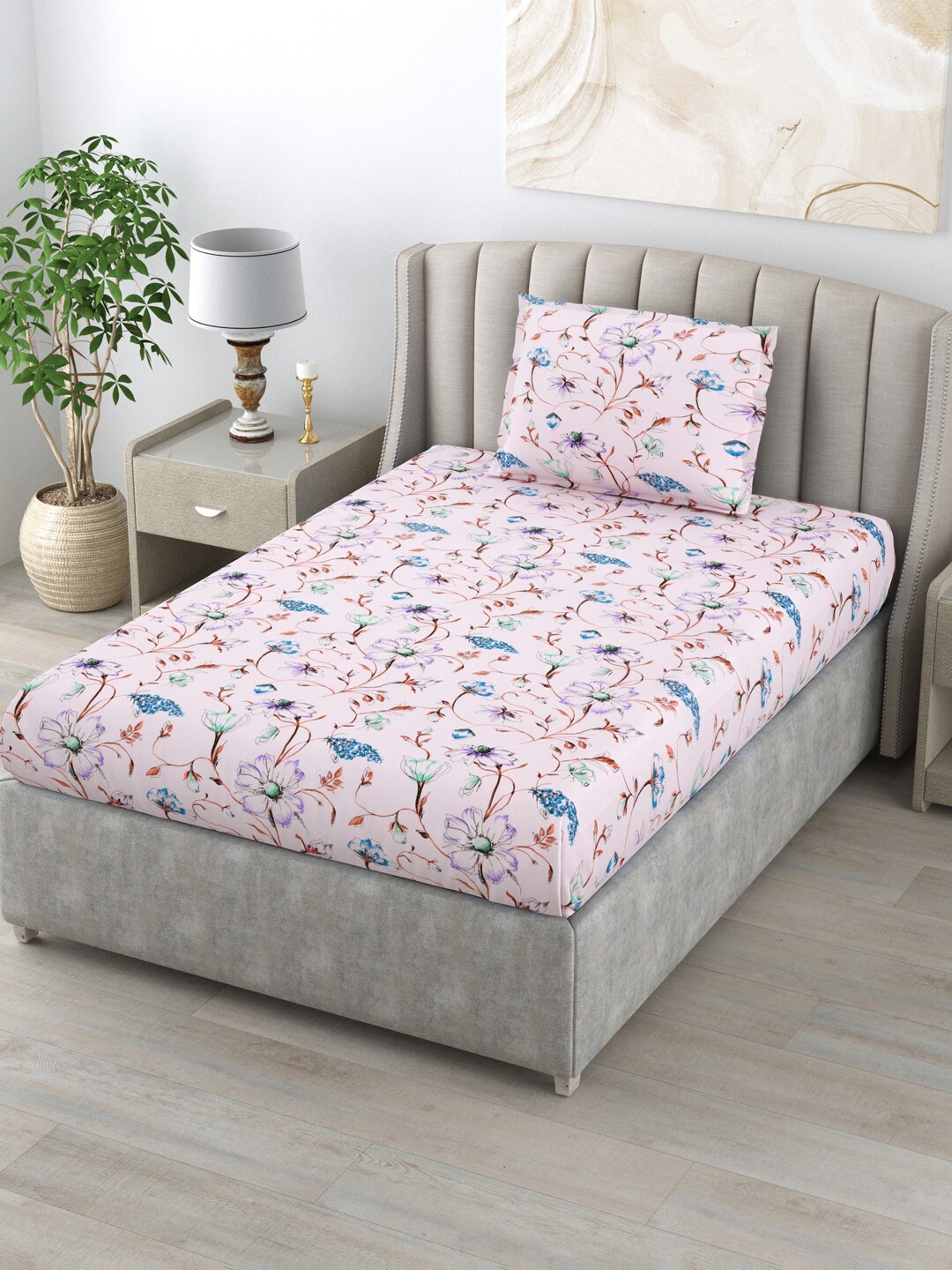 

BOMBAY DYEING Cardinal Pink Floral 120 TC Cotton Single Bedsheet with 1 Pillow Covers
