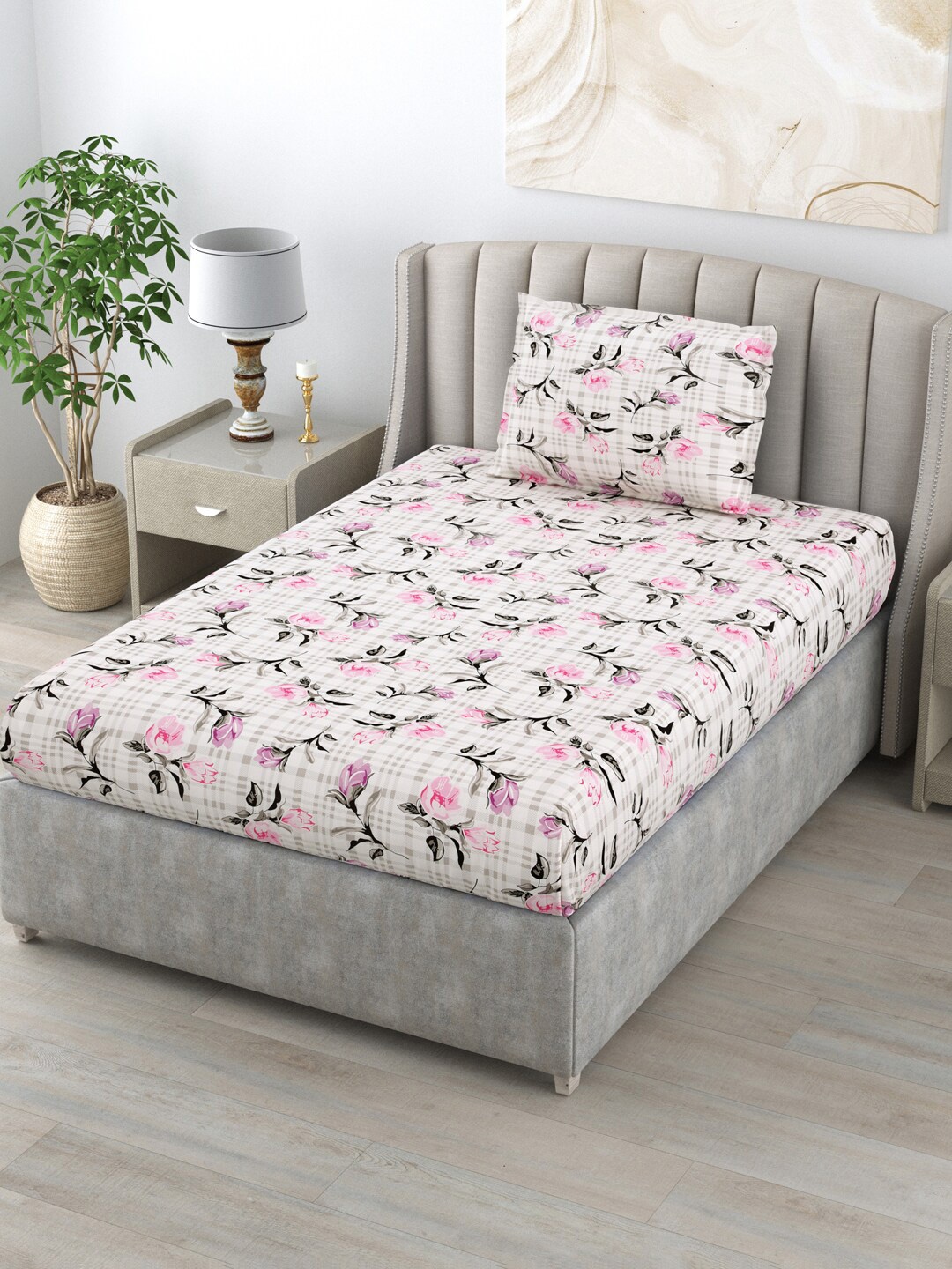 

BOMBAY DYEING Cardinal Pink Floral 120 TC Cotton Single Bedsheet with 1 Pillow Covers